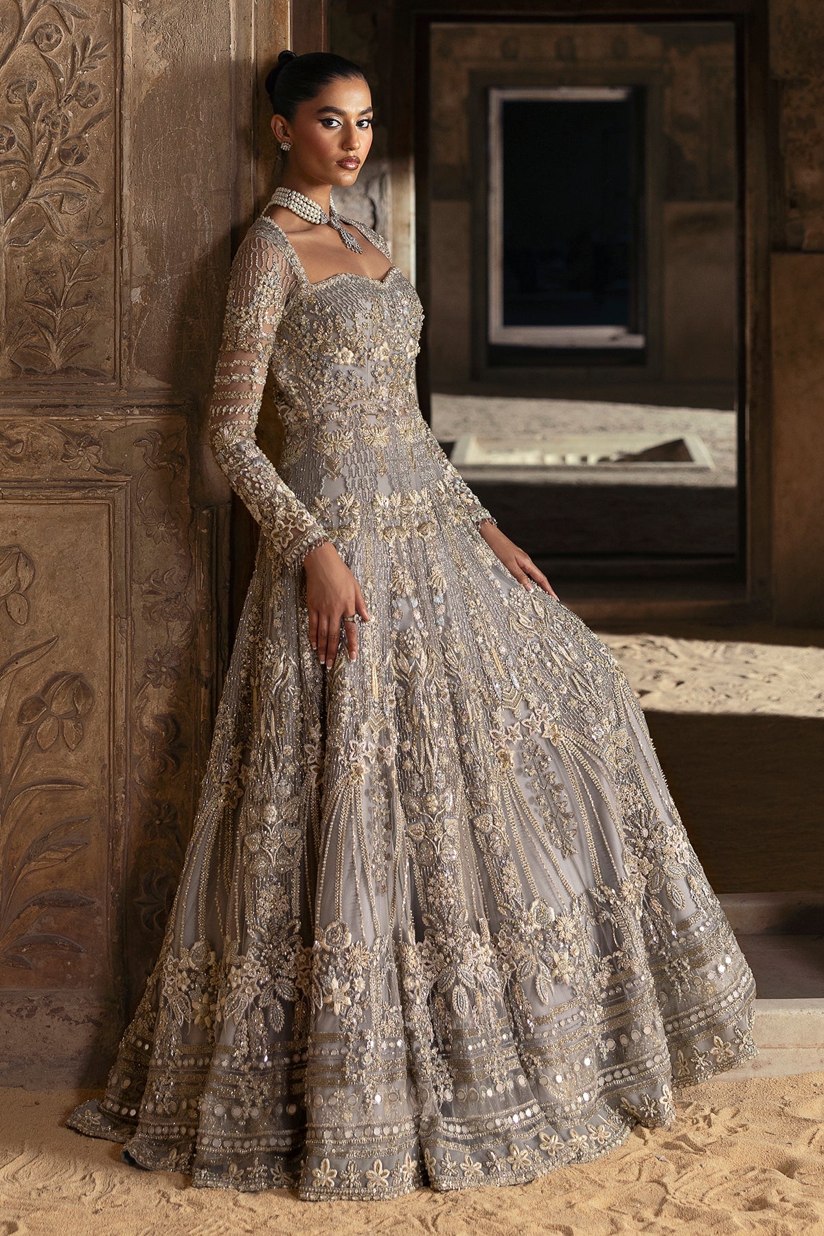 Saad Bin Shahzad Elmiya – grey crystal and zardozi bridal gown from Sona Gachi Bridals'24 – view 18