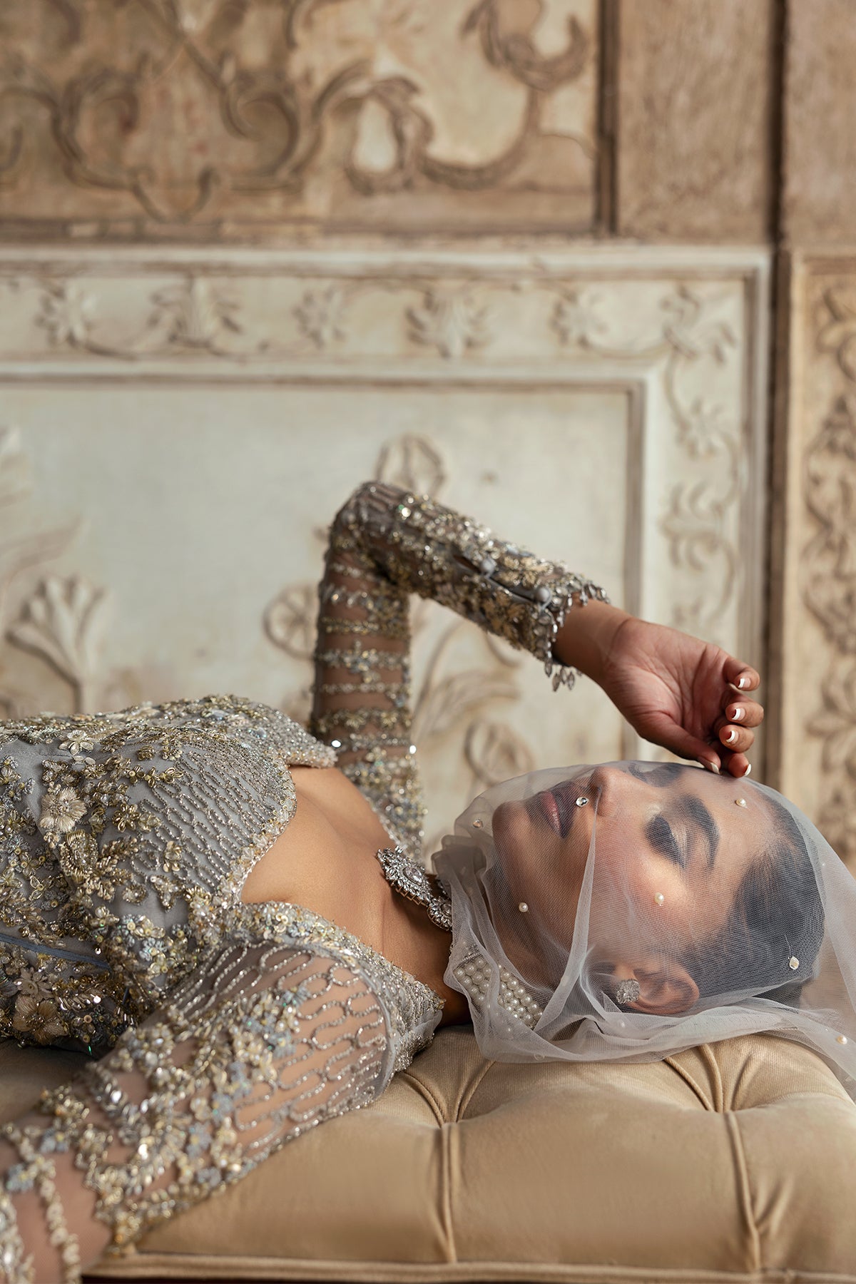 Saad Bin Shahzad Elmiya – grey crystal and zardozi bridal gown from Sona Gachi Bridals'24 – view 19