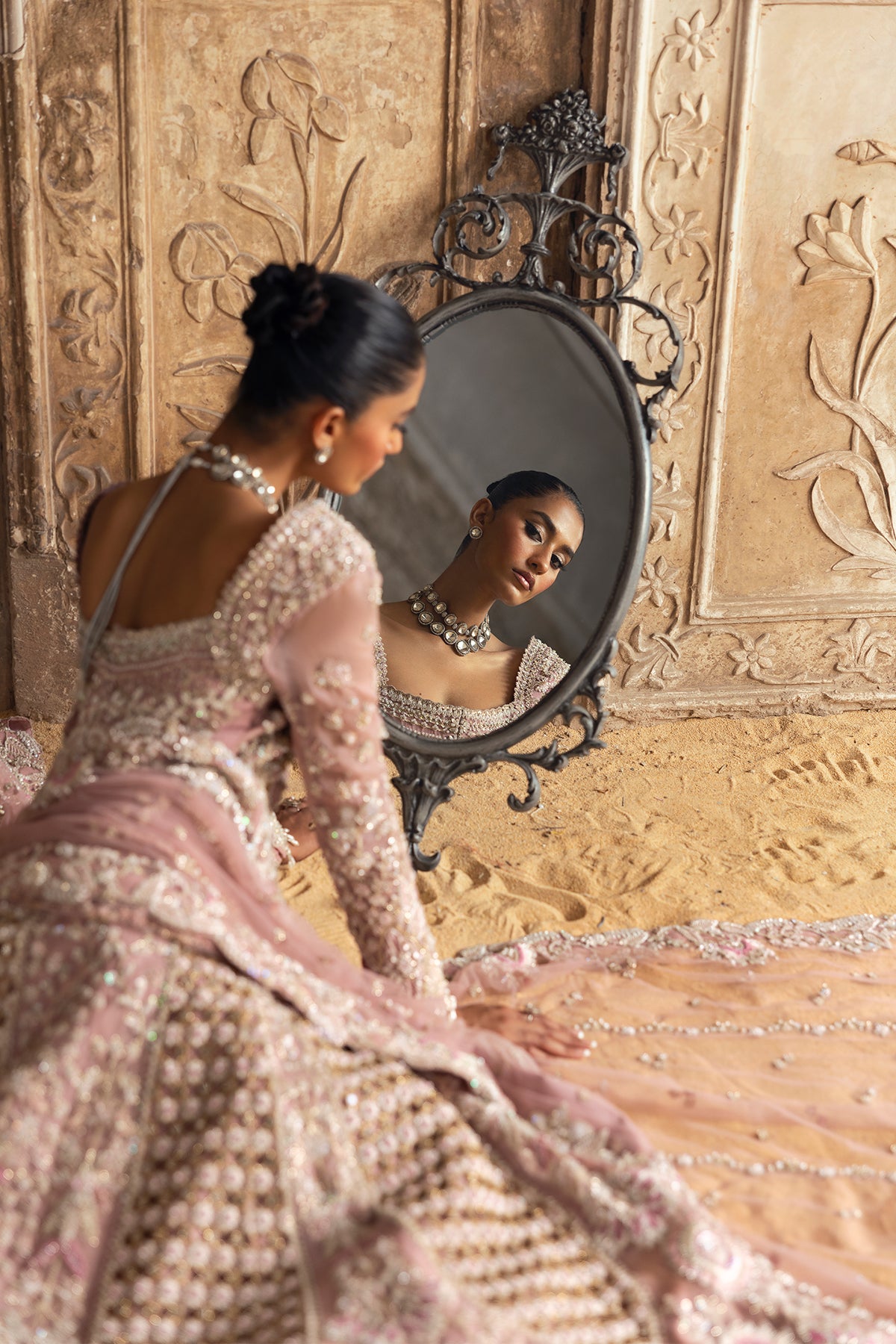 Saad Bin Shahzad Zuri – pearl pink cutwork bridal gown with train from Sona Gachi Bridals'24 – view 9