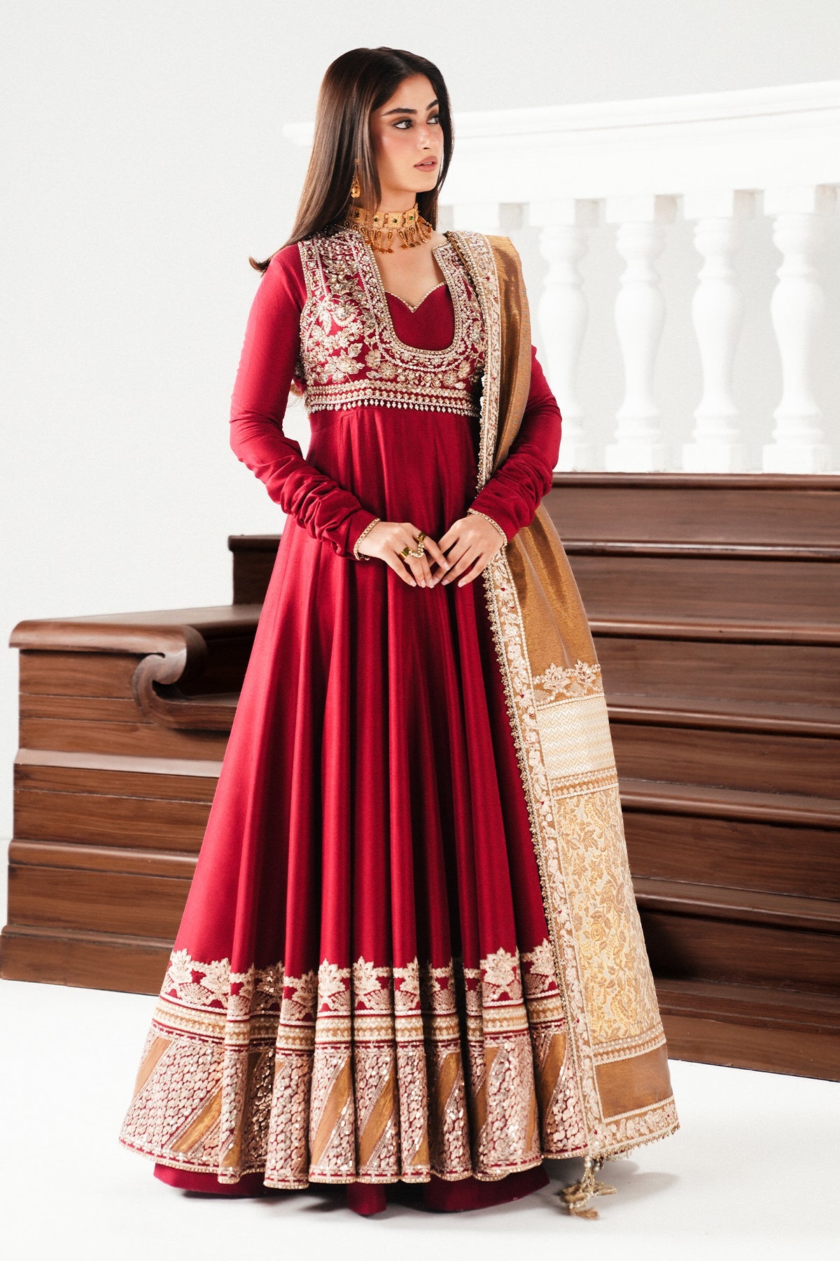 Saad Bin Shahzad Rayan – deep red raw silk pishwas with embellished koti from Festive Pret'26