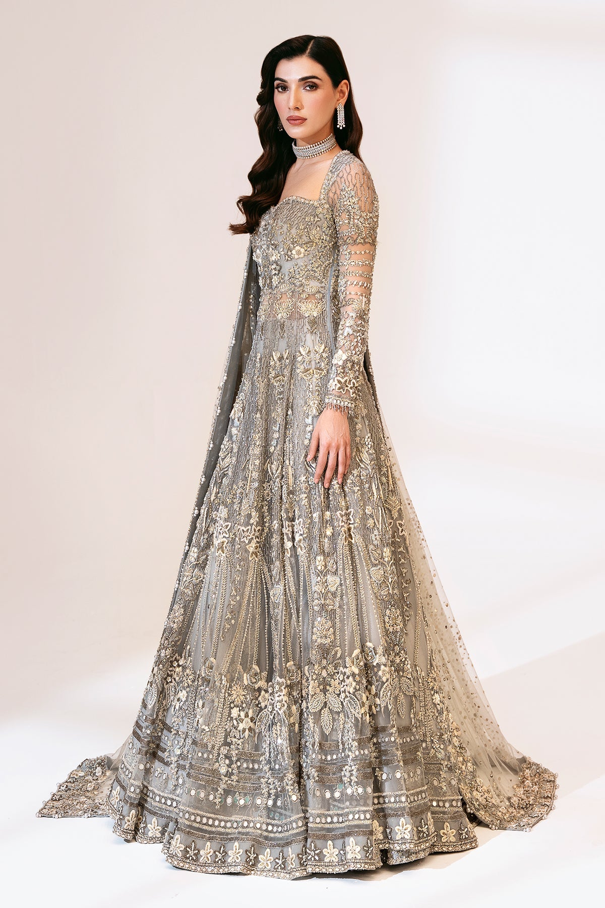 Saad Bin Shahzad Elmiya – grey crystal and zardozi bridal gown from Sona Gachi Bridals'24 – view 7