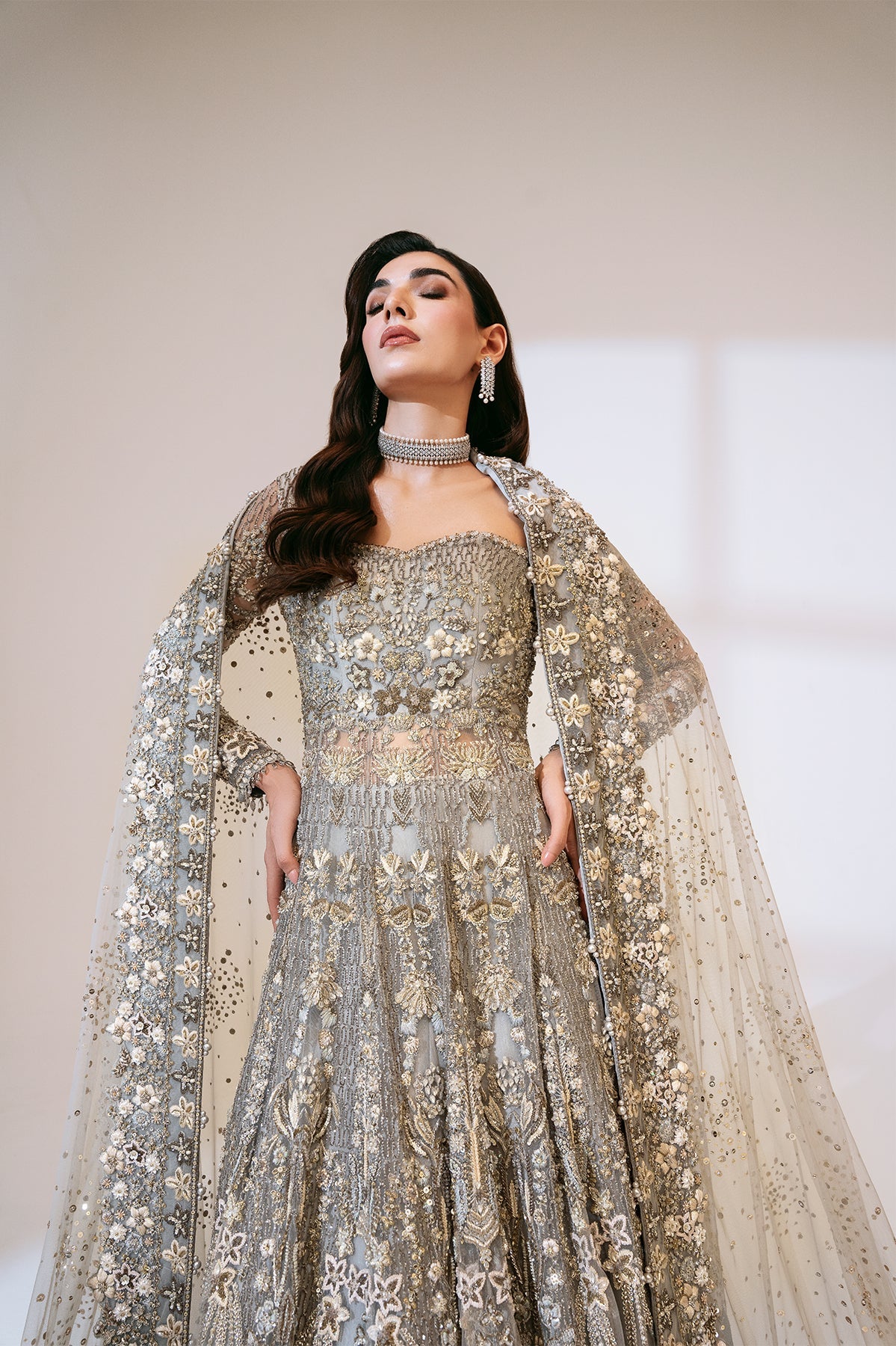 Saad Bin Shahzad Elmiya – grey crystal and zardozi bridal gown from Sona Gachi Bridals'24 – view 3