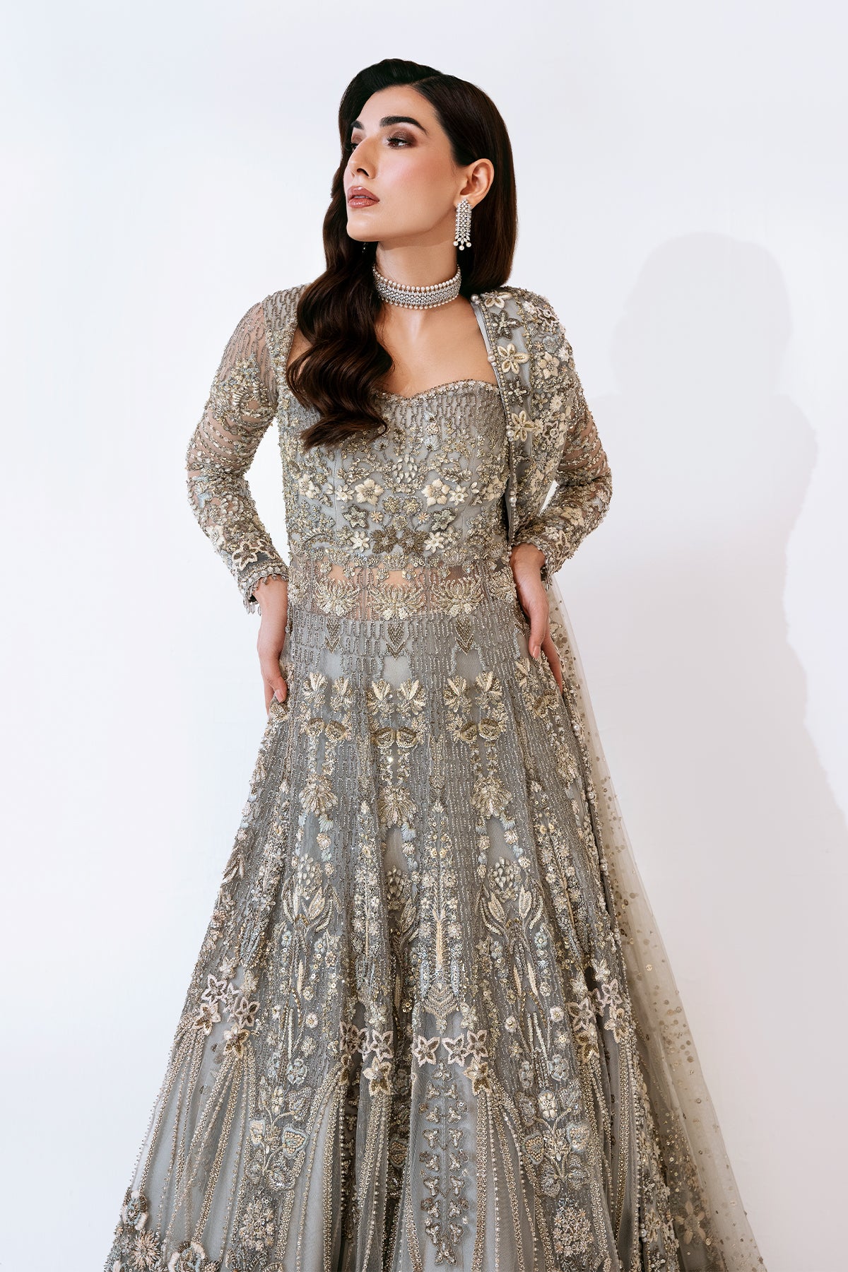 Saad Bin Shahzad Elmiya – grey crystal and zardozi bridal gown from Sona Gachi Bridals'24 – view 6