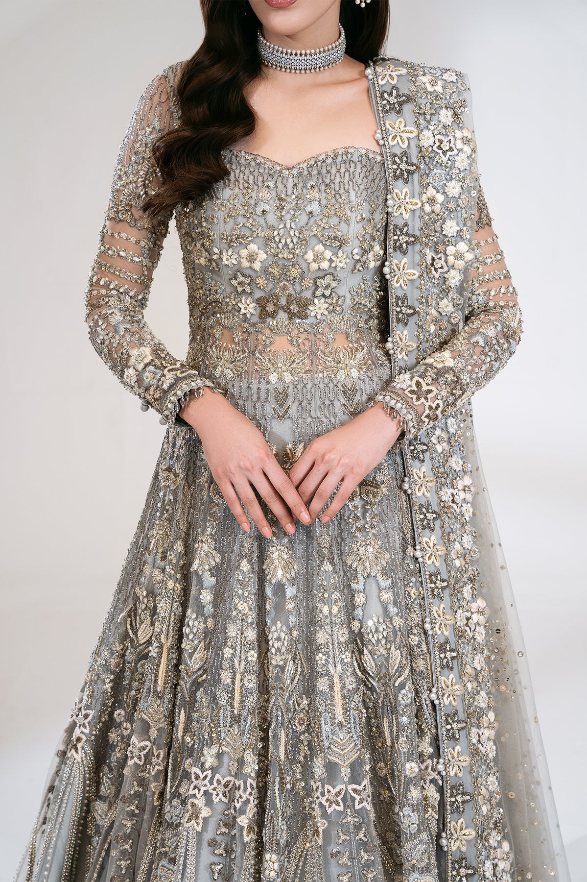 Saad Bin Shahzad Elmiya – grey crystal and zardozi bridal gown from Sona Gachi Bridals'24 – view 5
