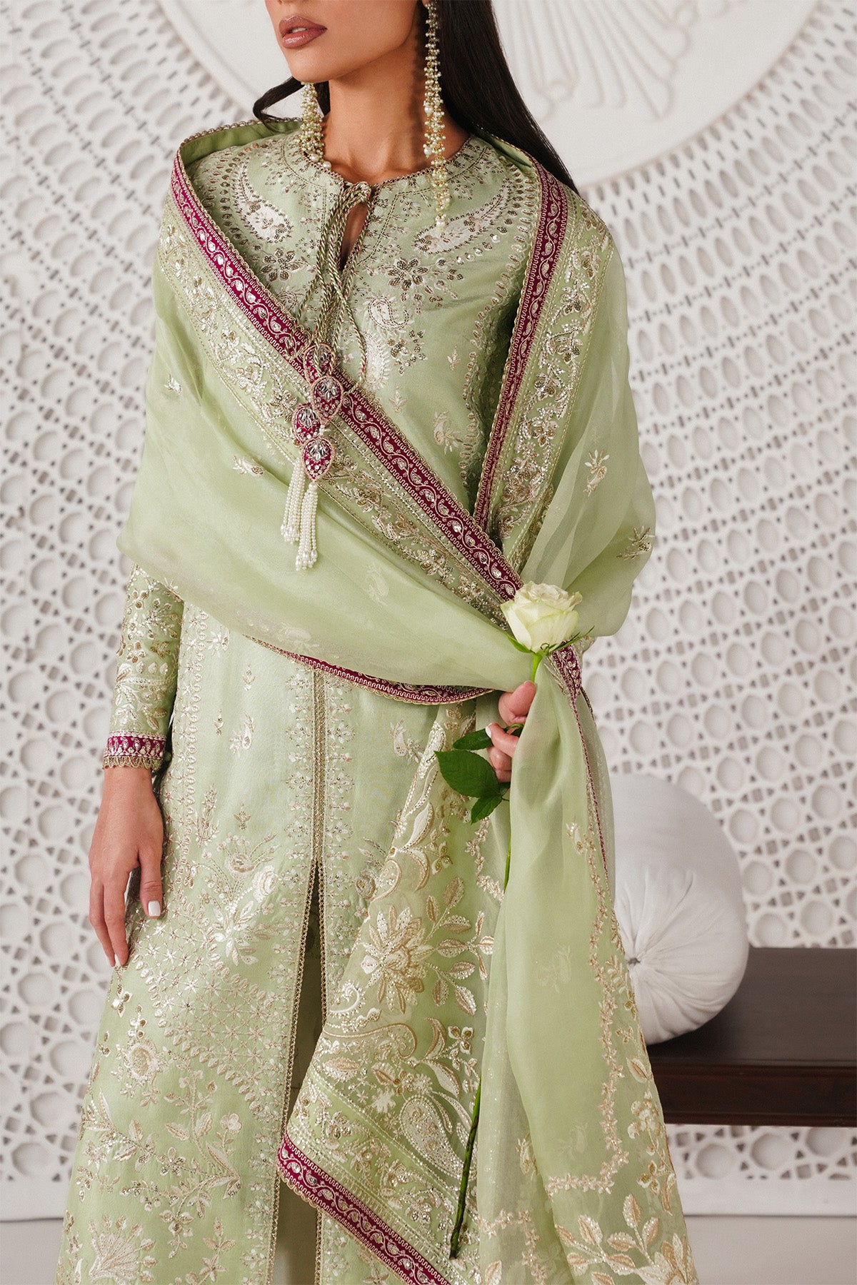 Saad Bin Shahzad Reeha – mint green embroidered raw silk front-open kurta with trousers from Festive Pret'26 – view 3
