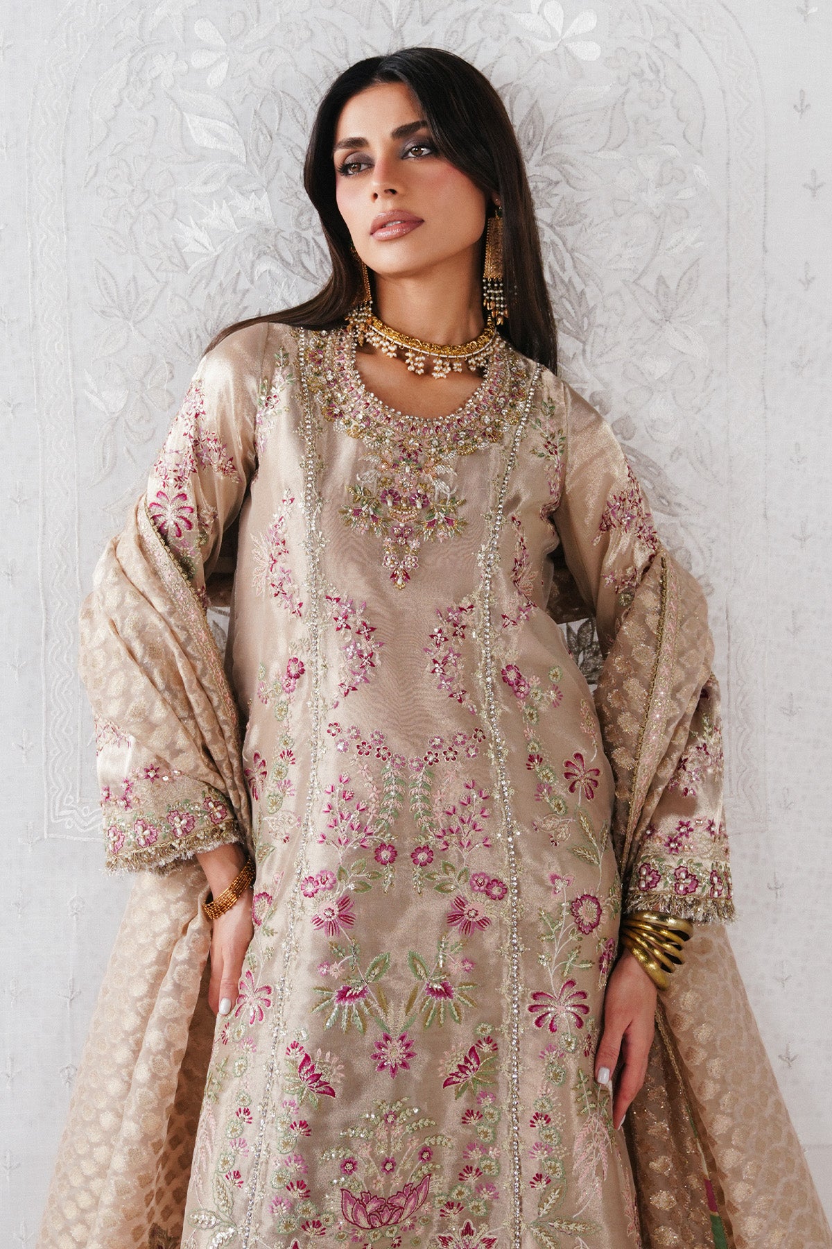 Saad Bin Shahzad Zari – rose gold embroidered Chanderi tissue kurta with culottes from Festive Pret'26 – view 3