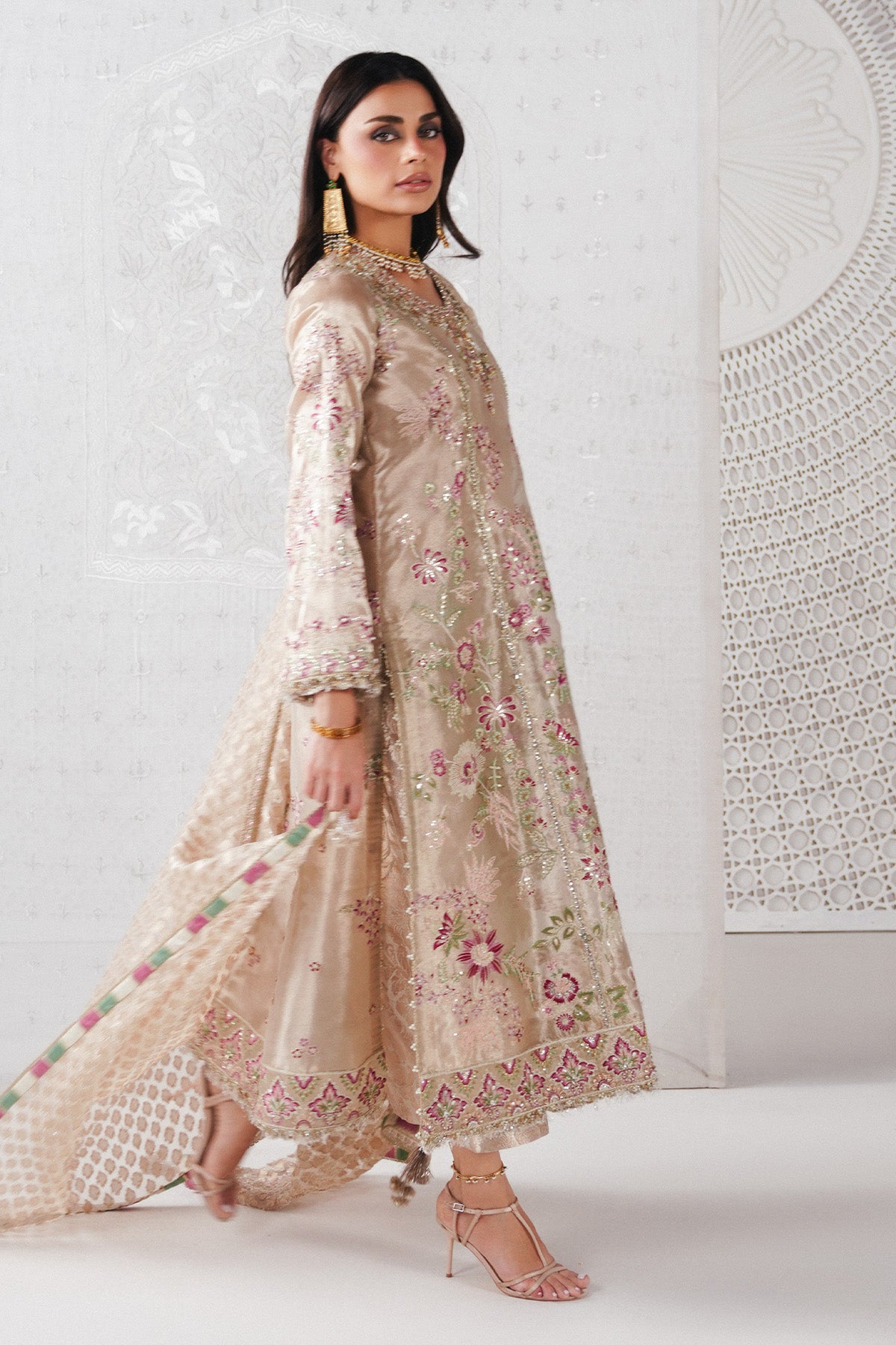 Saad Bin Shahzad Zari – rose gold embroidered Chanderi tissue kurta with culottes from Festive Pret'26 – view 5