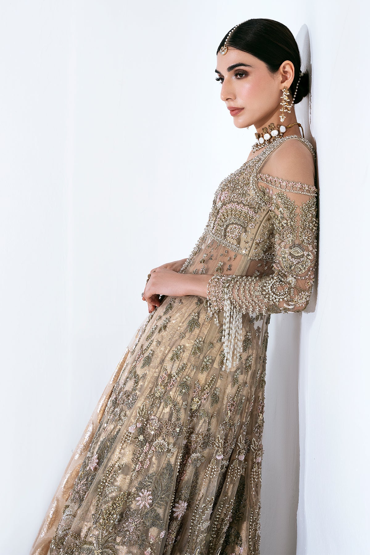 Saad Bin Shahzad Arin – champagne gold embroidered bridal lehenga from Sona Gachi Bridals'24 – view 9