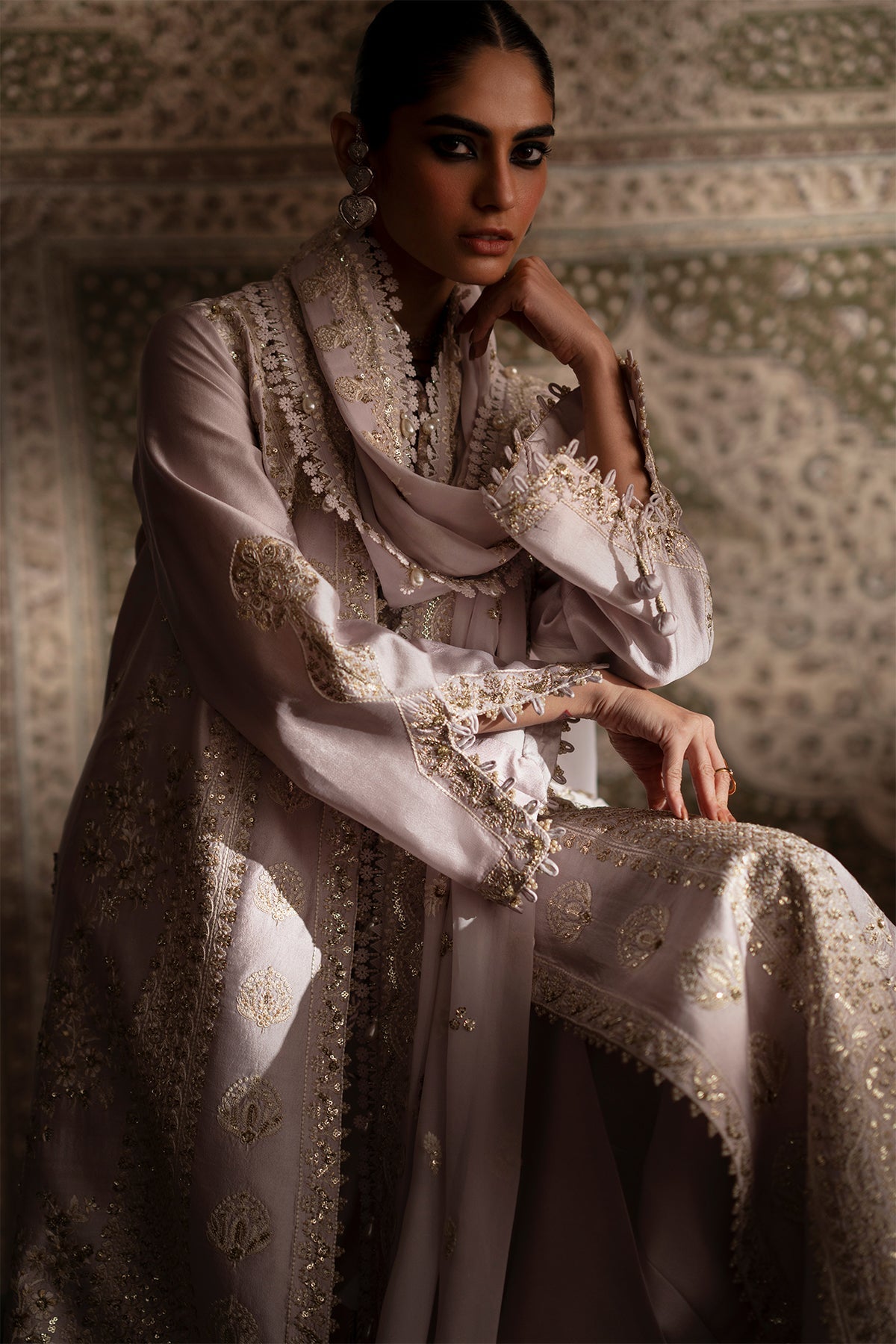 Saad Bin Shahzad Adeen – pastel purple embroidered tussar silk open gown with raw silk pants from Silk'25 – view 6