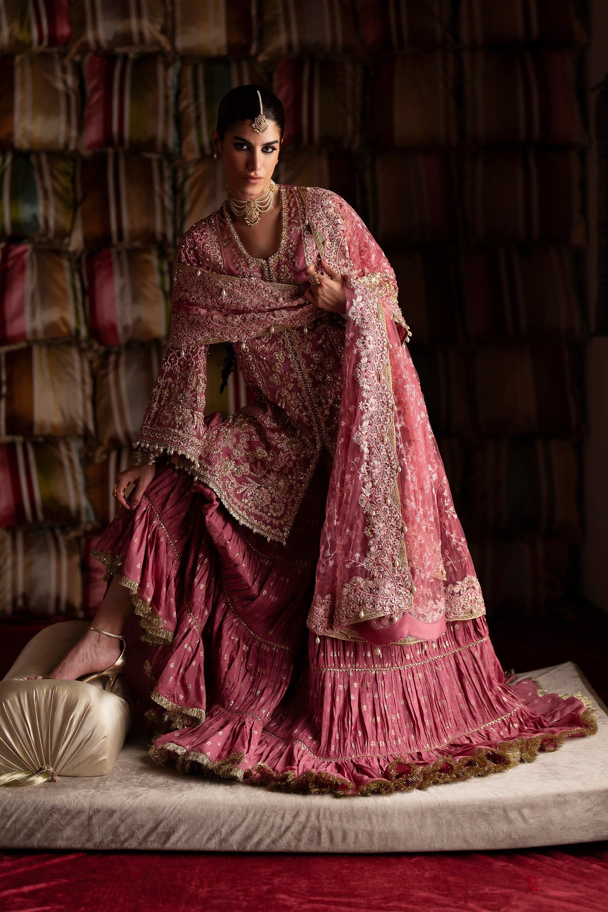 Saad Bin Shahzad Selah – candy pink embroidered short shirt with pleated gharara from LAAVNI'25