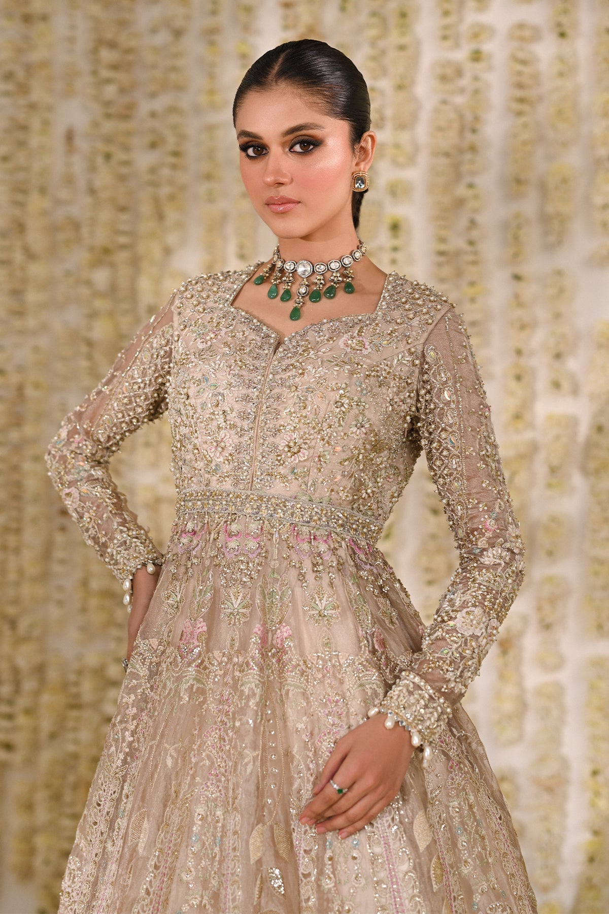 Saad Bin Shahzad Maya – champagne tissue pishwas with lehenga from Kai-Ros Wedding Unstitched'25 – view 3