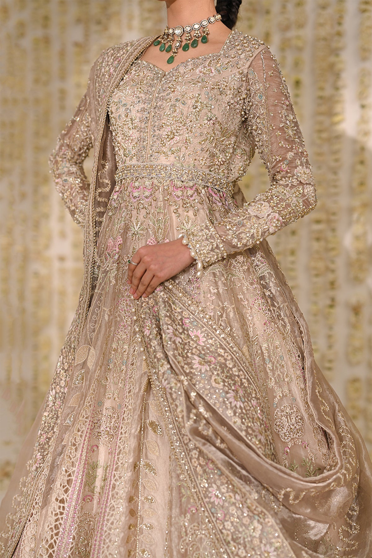 Saad Bin Shahzad Maya – champagne tissue pishwas with lehenga from Kai-Ros Wedding Unstitched'25 – view 4