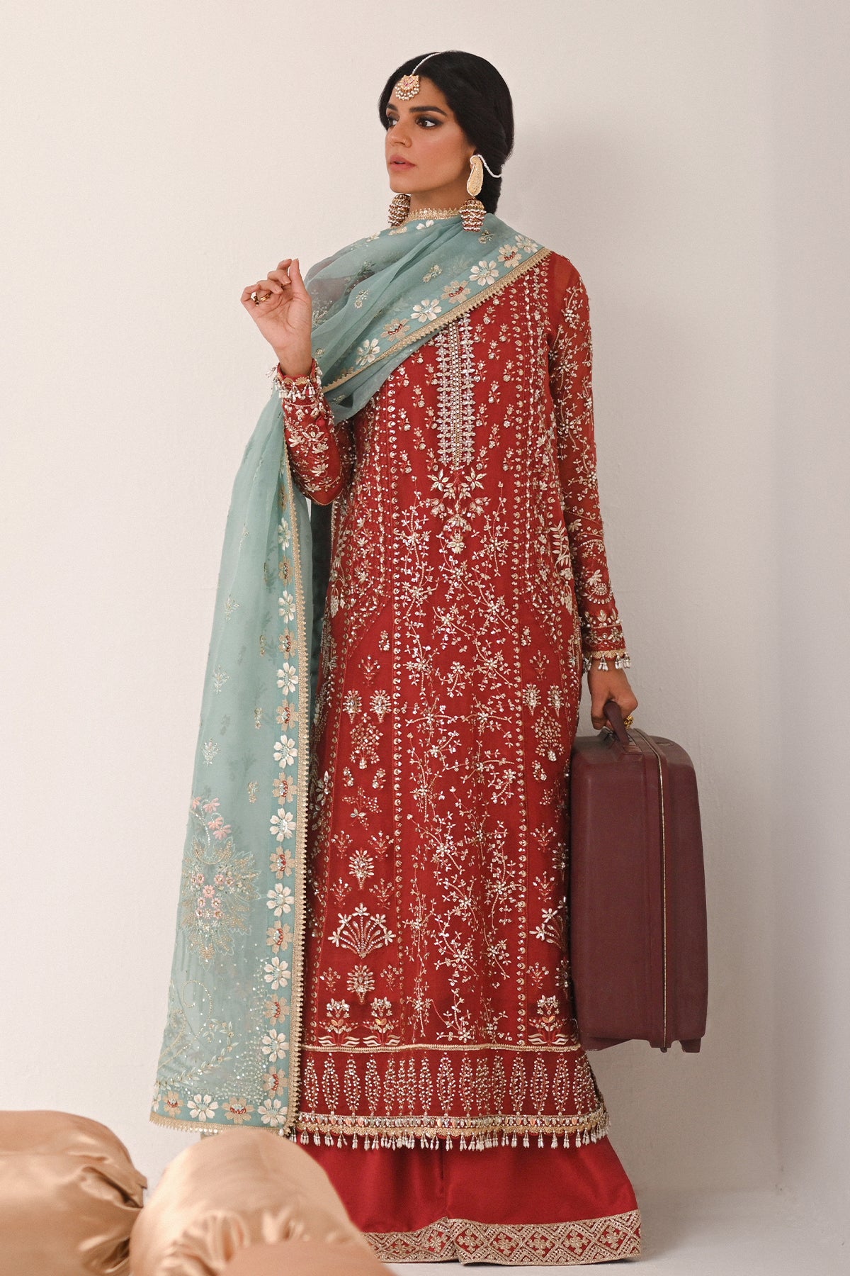 Saad Bin Shahzad Neriha – rust organza kurta with turquoise dupatta from Kai-Ros Wedding Unstitched'25 – view 5