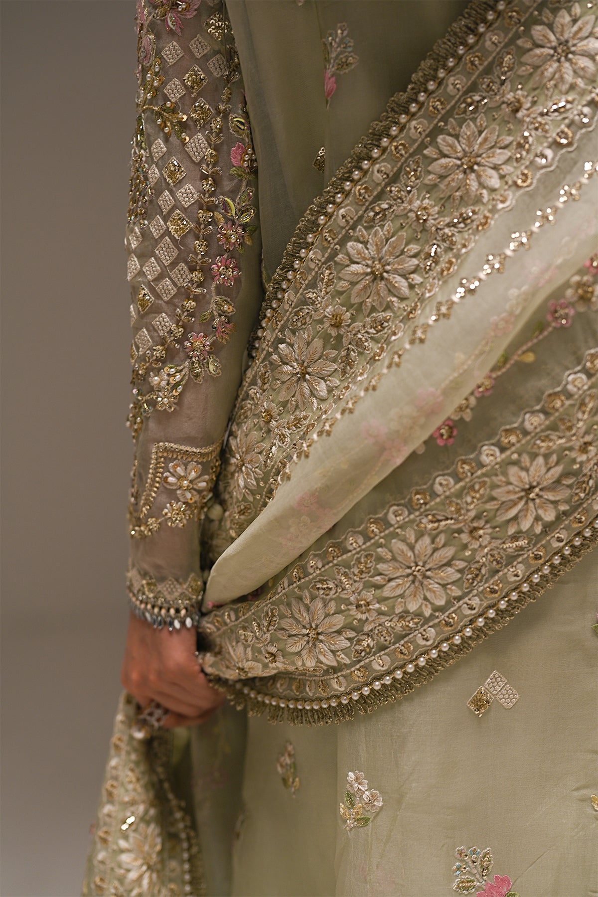 Saad Bin Shahzad Niyah – sage green embroidered organza sharara suit from Kai-Ros Wedding Unstitched'25 – view 5