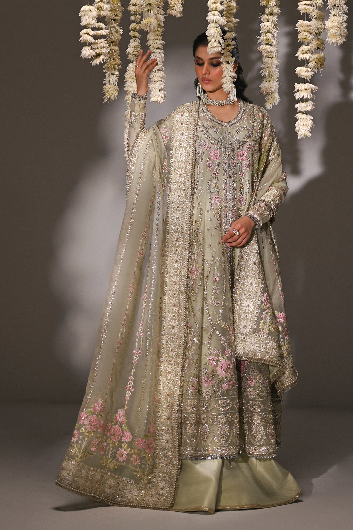 Saad Bin Shahzad Niyah – sage green embroidered organza sharara suit from Kai-Ros Wedding Unstitched'25 – view 9