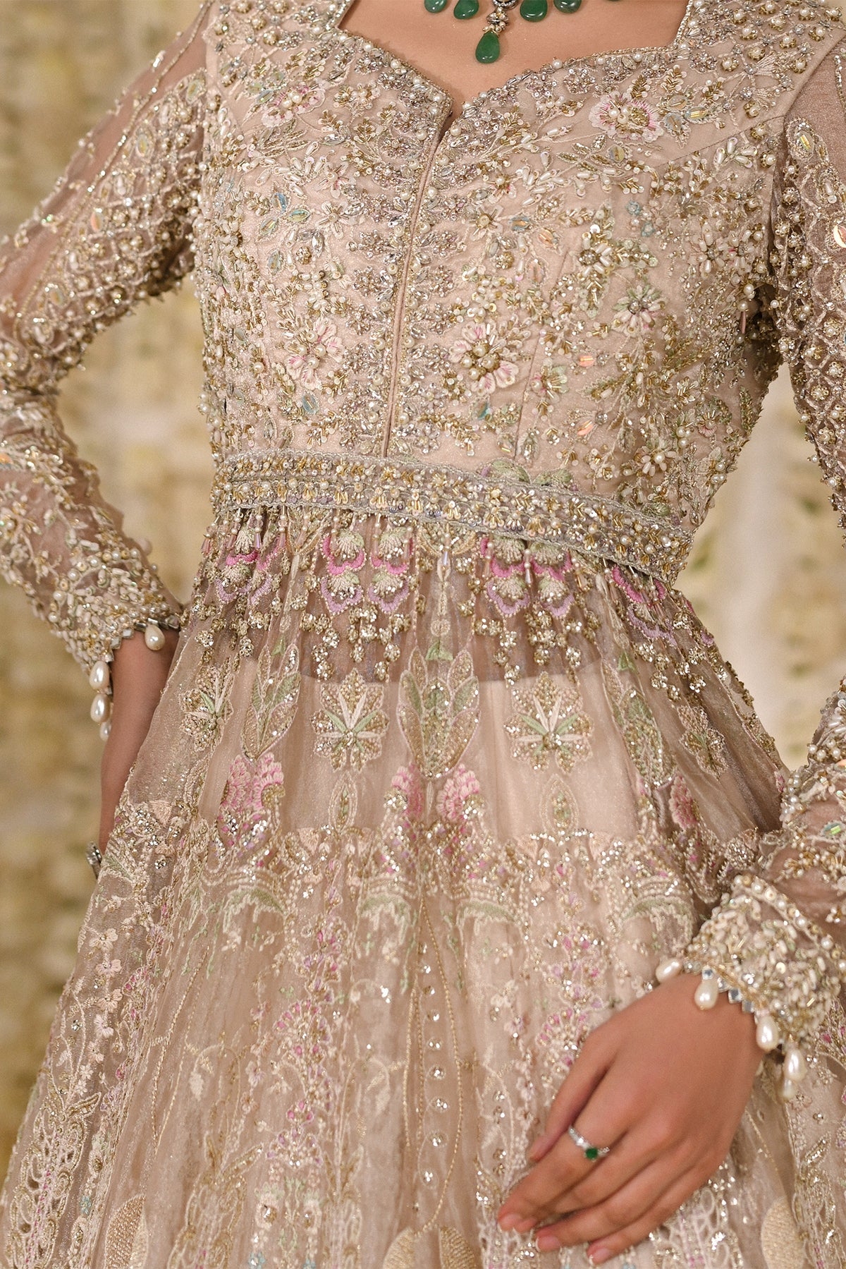 Saad Bin Shahzad Maya – champagne tissue pishwas with lehenga from Kai-Ros Wedding Unstitched'25 – view 5