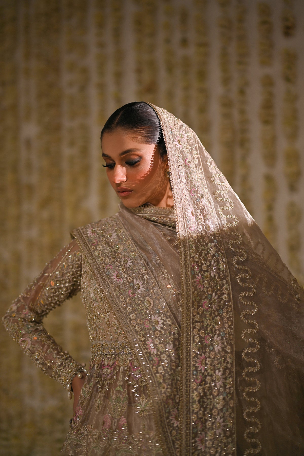 Saad Bin Shahzad Maya – champagne tissue pishwas with lehenga from Kai-Ros Wedding Unstitched'25 – view 9