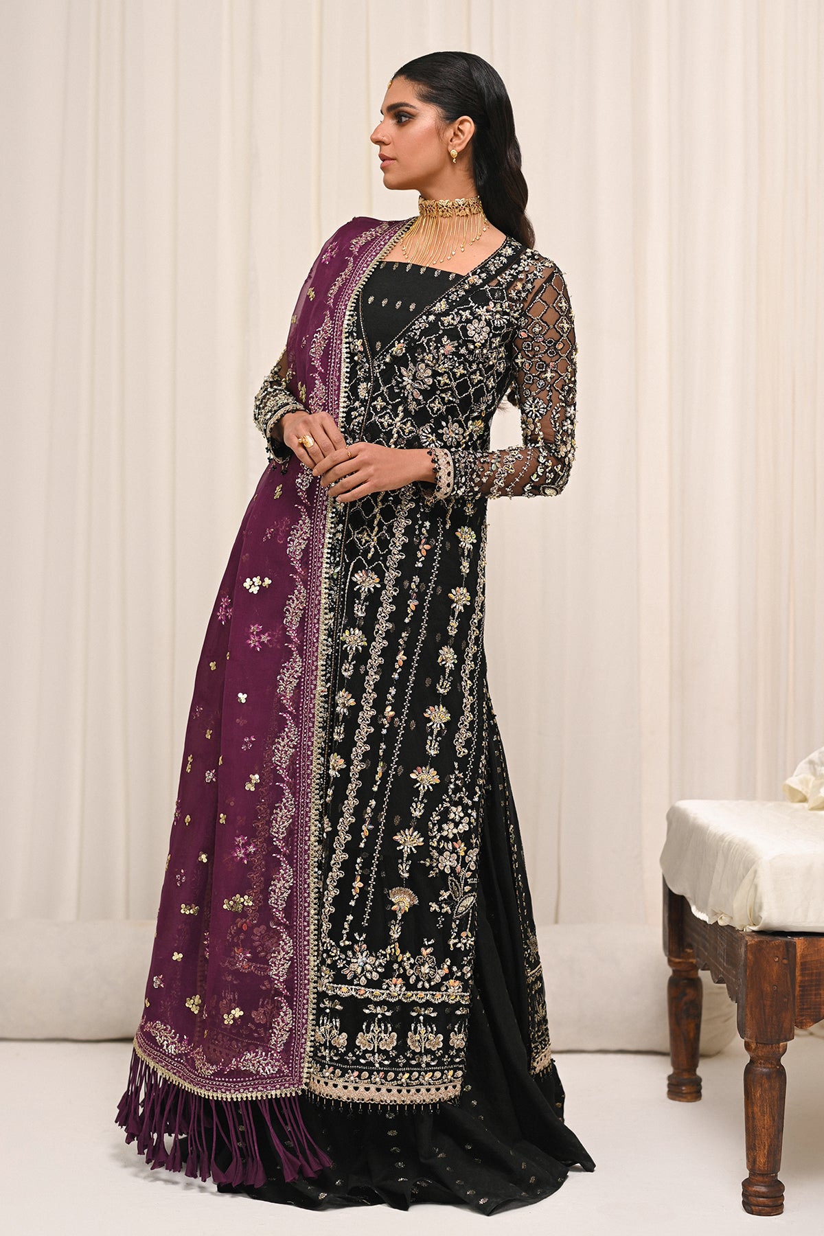 Saad Bin Shahzad Azra – black embroidered net shirt with zari gharara from Kai-Ros Wedding Unstitched'25 – view 9