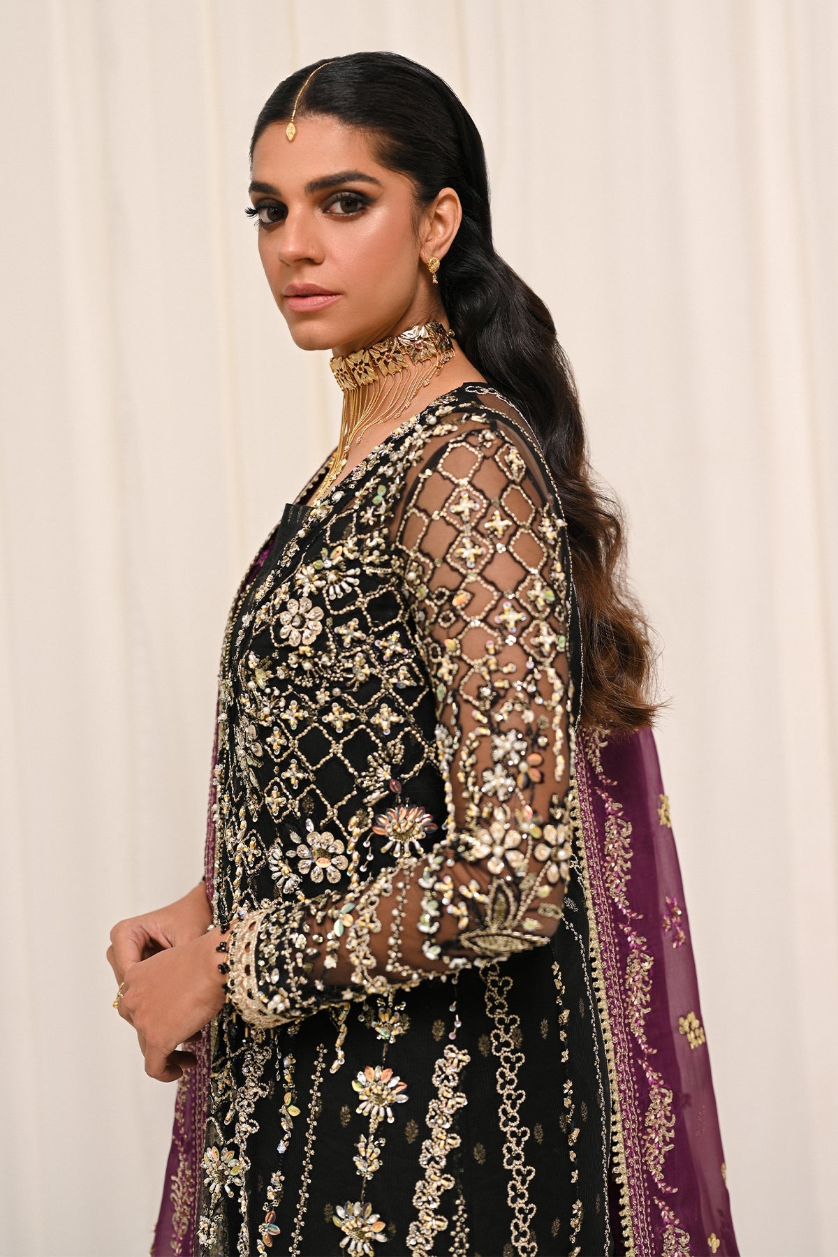 Saad Bin Shahzad Azra – black embroidered net shirt with zari gharara from Kai-Ros Wedding Unstitched'25 – view 2