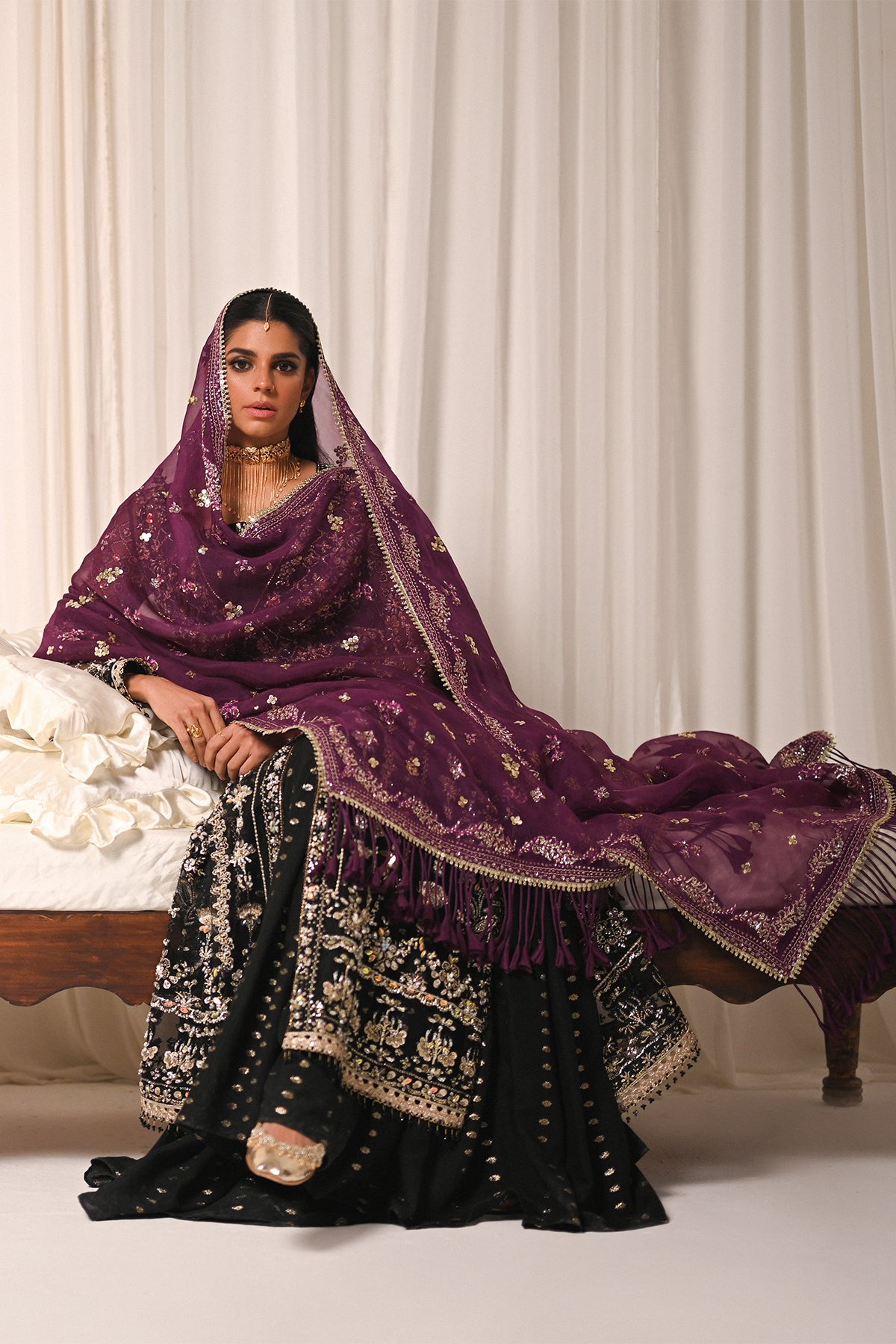 Saad Bin Shahzad Azra – black embroidered net shirt with zari gharara from Kai-Ros Wedding Unstitched'25 – view 6