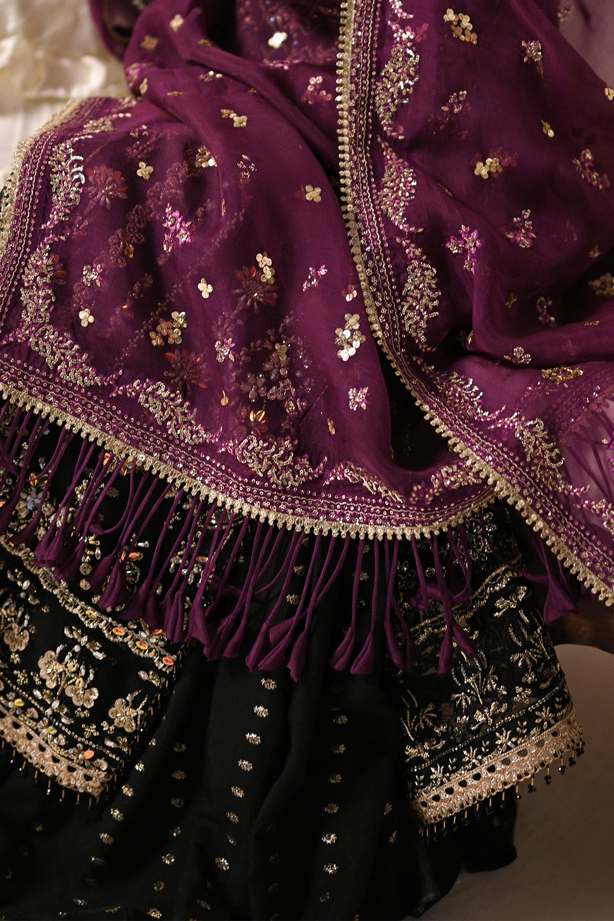 Saad Bin Shahzad Azra – black embroidered net shirt with zari gharara from Kai-Ros Wedding Unstitched'25 – view 4