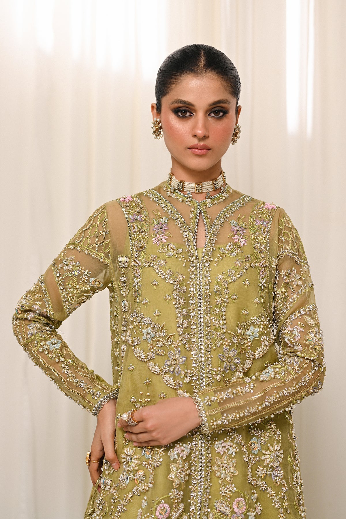 Saad Bin Shahzad Meraki – olive green embroidered organza sharara suit from Kai-Ros Wedding Unstitched'25 – view 9