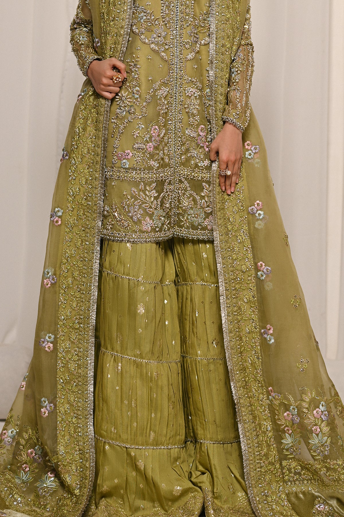 Saad Bin Shahzad Meraki – olive green embroidered organza sharara suit from Kai-Ros Wedding Unstitched'25 – view 5