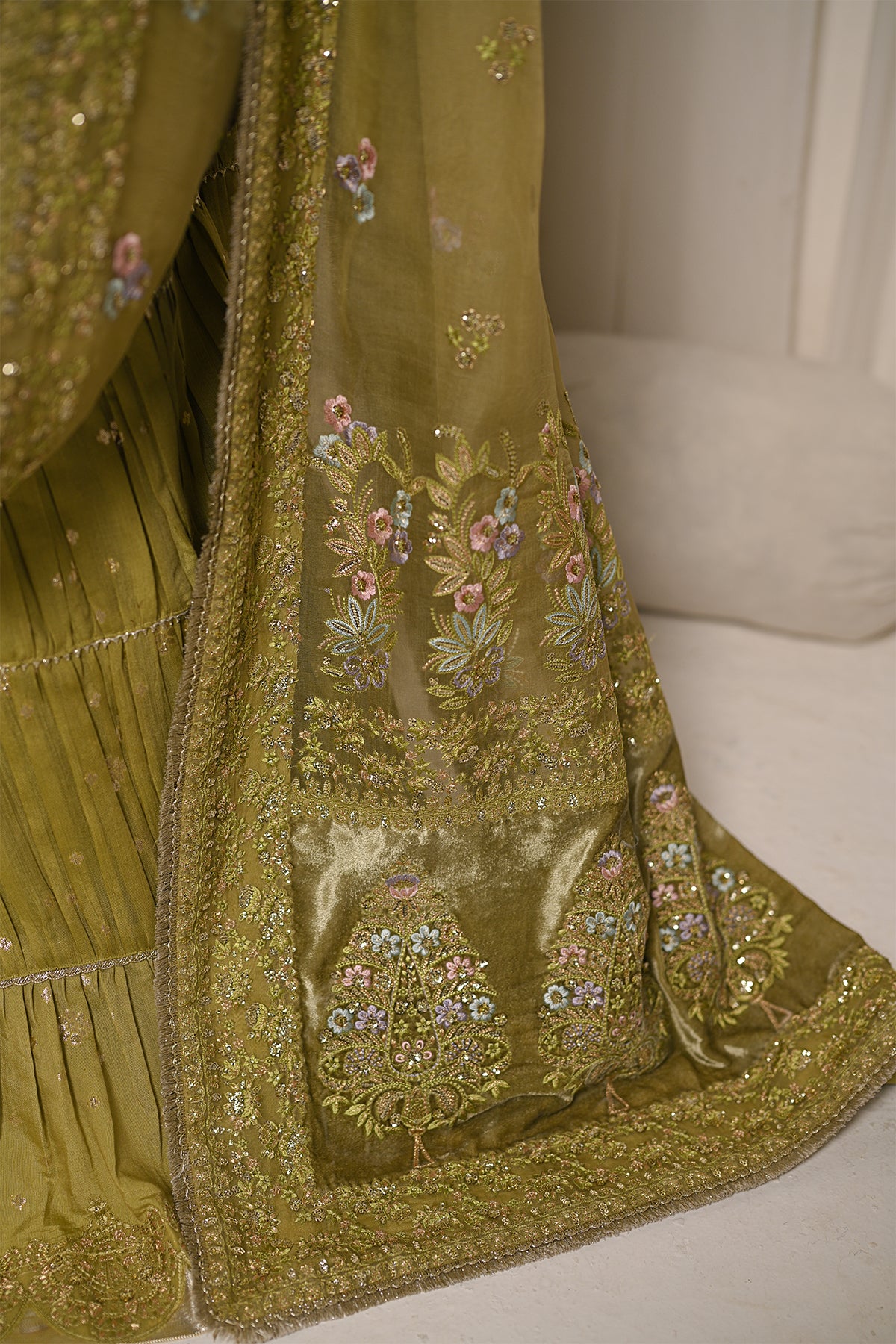 Saad Bin Shahzad Meraki – olive green embroidered organza sharara suit from Kai-Ros Wedding Unstitched'25 – view 7