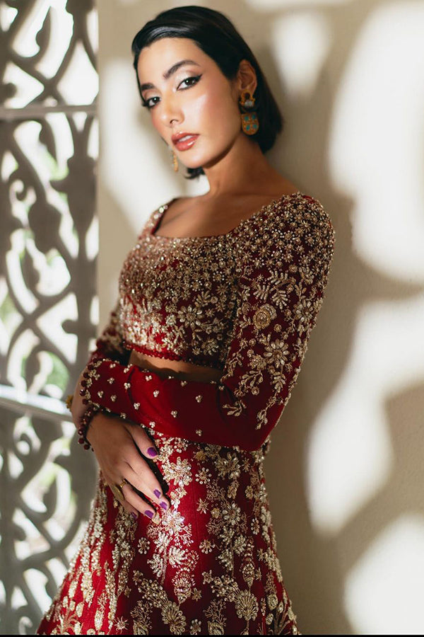 Saad Bin Shahzad Amelia – deep red gold embroidered lehenga choli from Lolita'24 – view 3