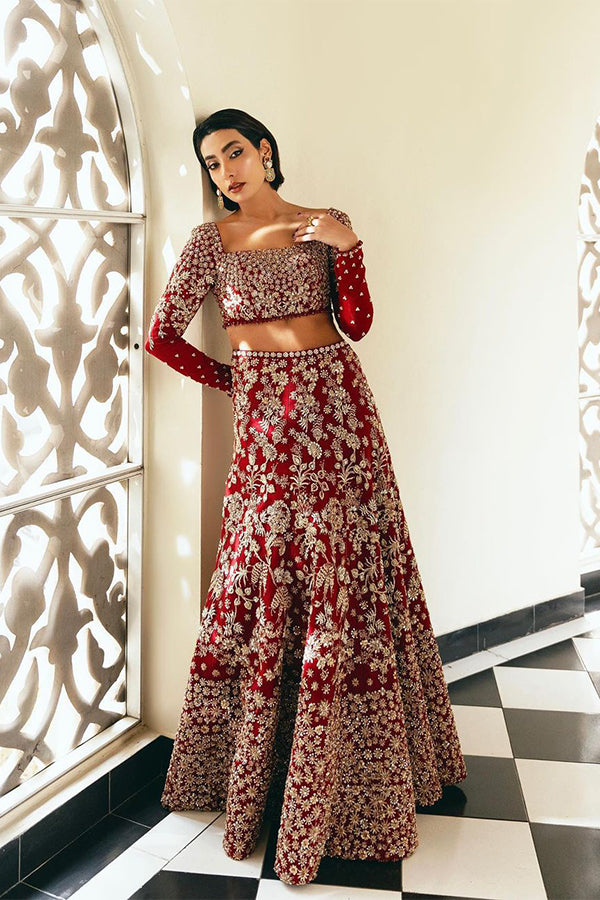 Saad Bin Shahzad Amelia – deep red gold embroidered lehenga choli from Lolita'24