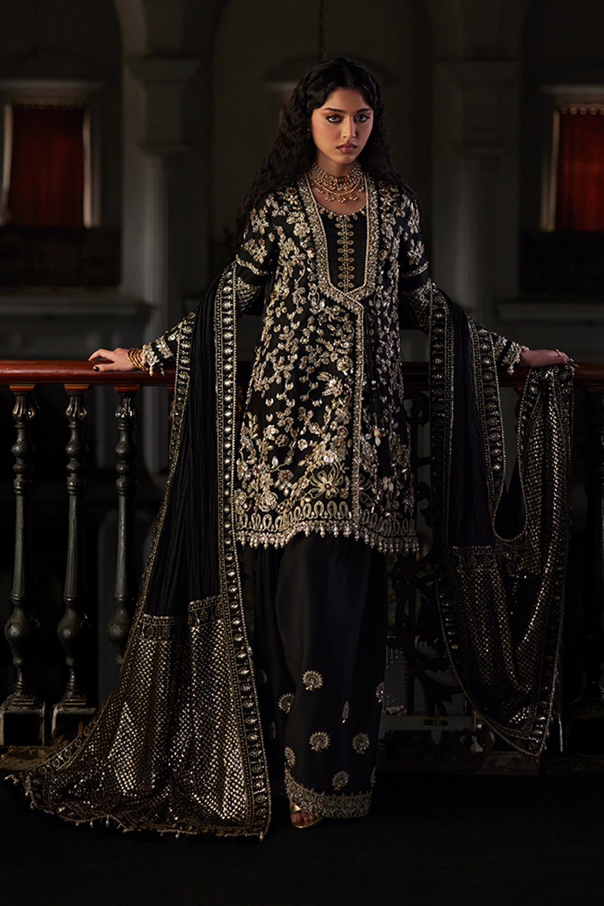 Saad Bin Shahzad Zivra – black zardozi short angrakha with shalwar and crushed dupatta from El Veneto Luxury Formals
