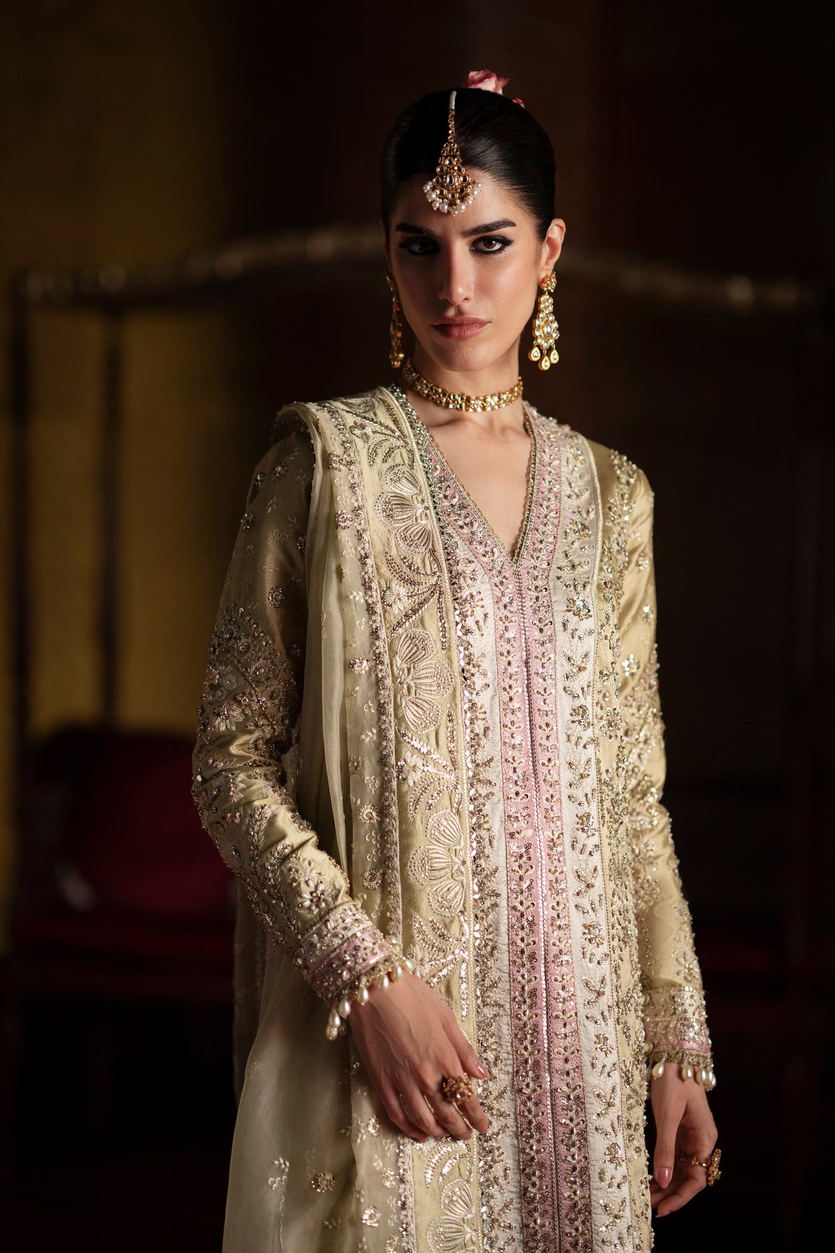 Saad Bin Shahzad Selin – pastel olive embroidered silk long shirt with sharara from LAAVNI'25 – view 5