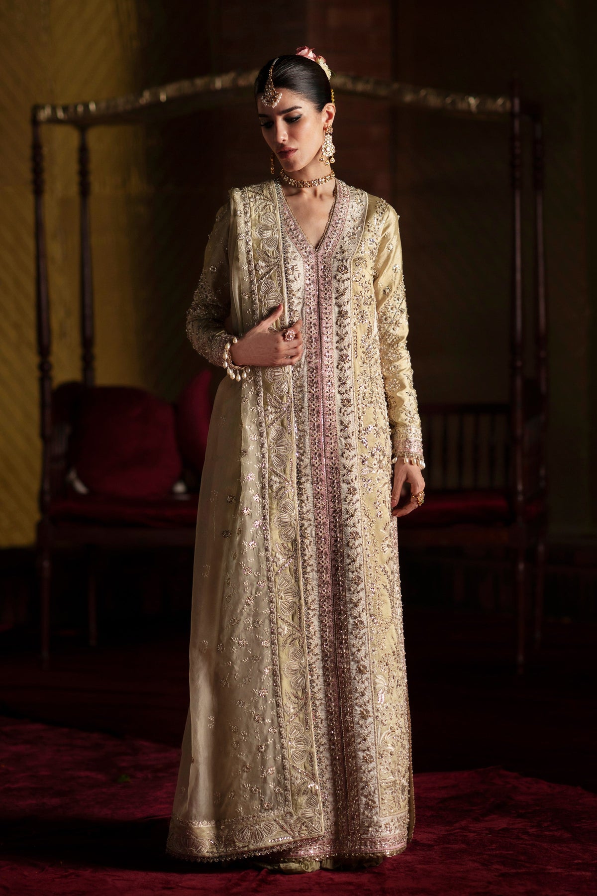 Saad Bin Shahzad Selin – pastel olive embroidered silk long shirt with sharara from LAAVNI'25