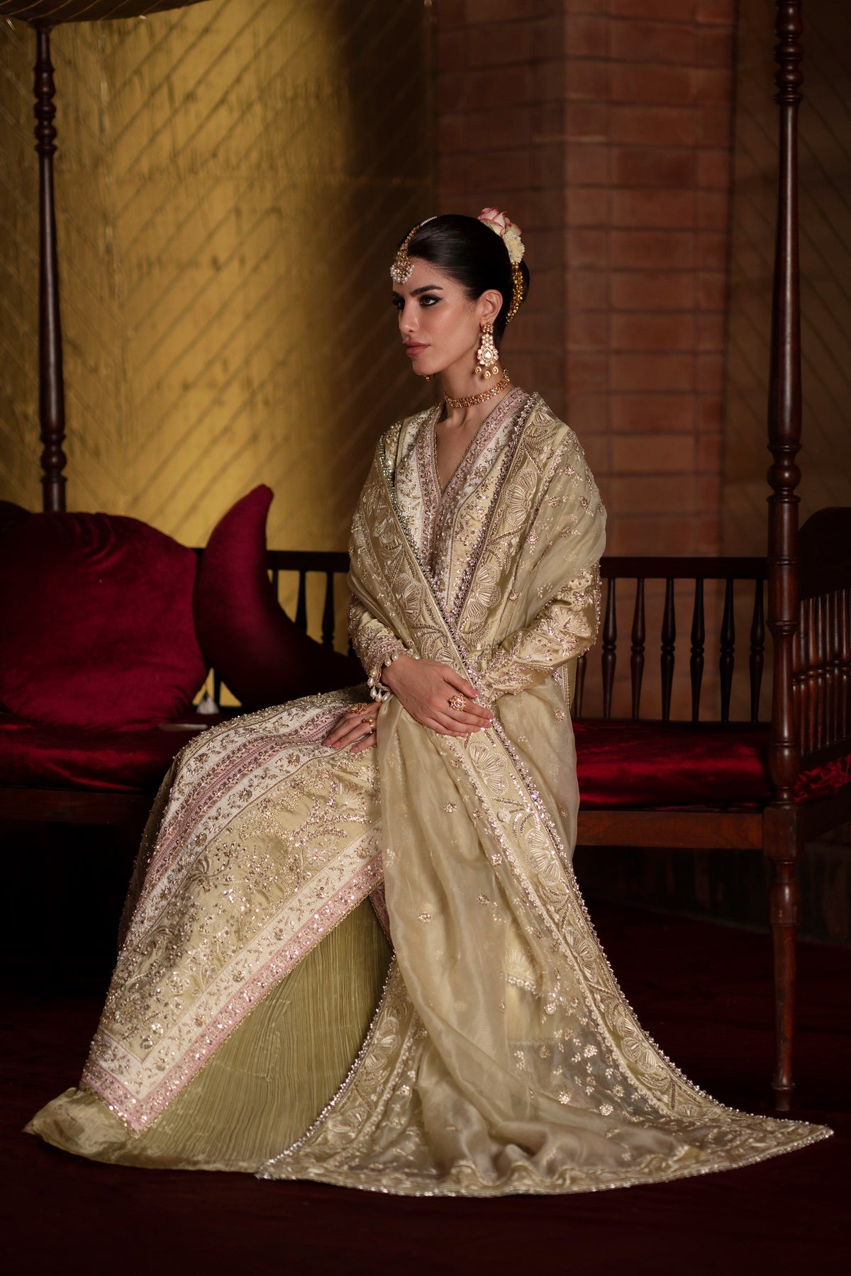 Saad Bin Shahzad Selin – pastel olive embroidered silk long shirt with sharara from LAAVNI'25 – view 8