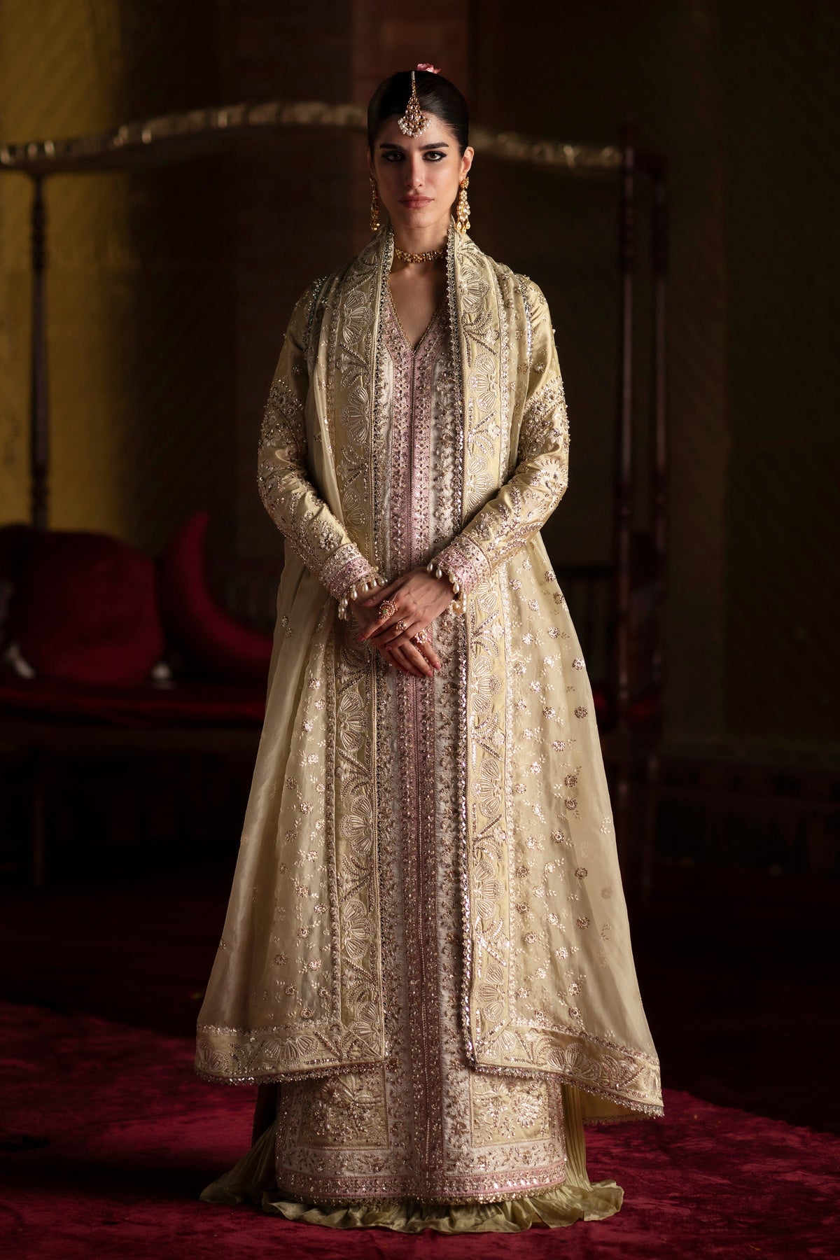 Saad Bin Shahzad Selin – pastel olive embroidered silk long shirt with sharara from LAAVNI'25 – view 9