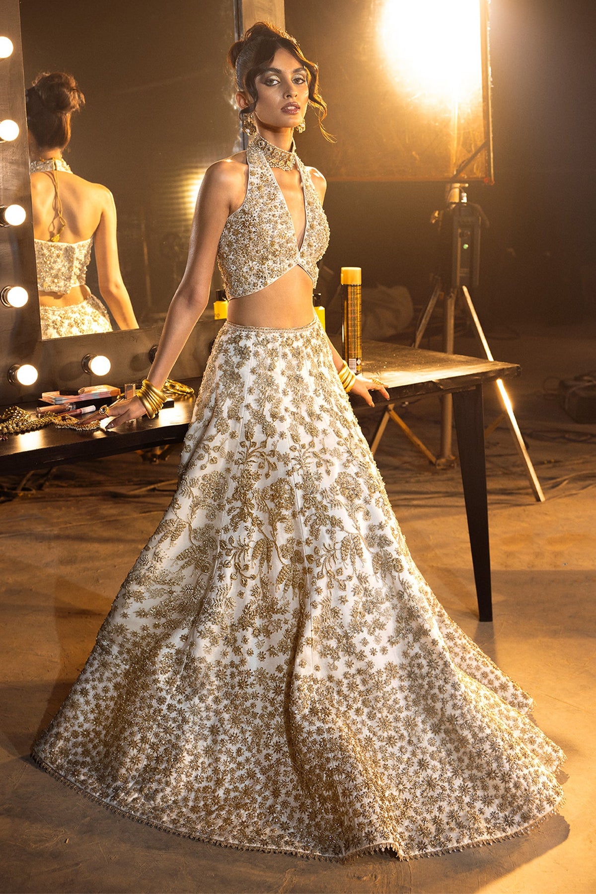 Saad Bin Shahzad Coco – ivory gold embroidered halter lehenga from Lolita'24