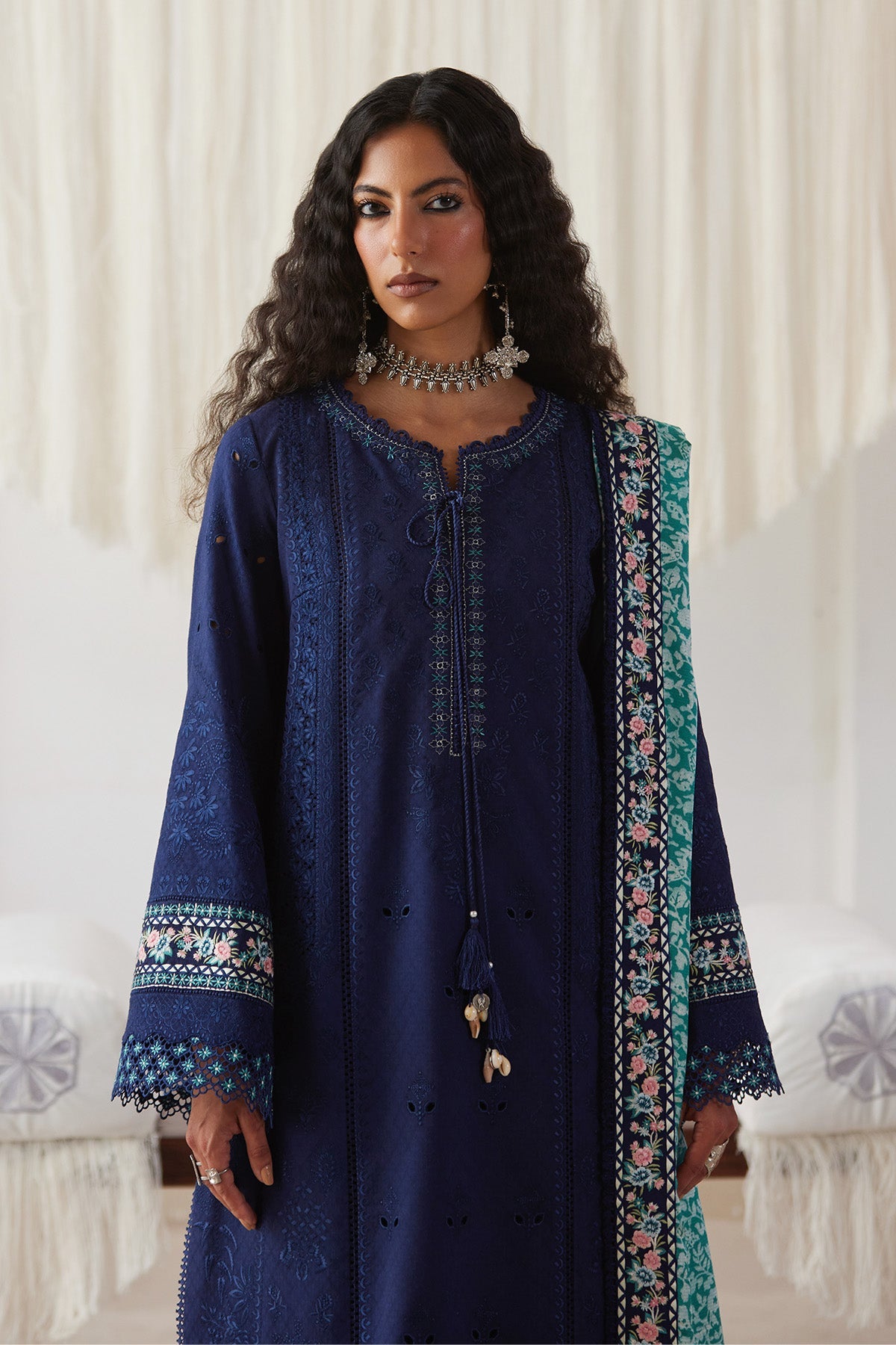 Saad Bin Shahzad Rua – navy blue embroidered lawn long kurta with turquoise silk dupatta from Depalpur – view 2