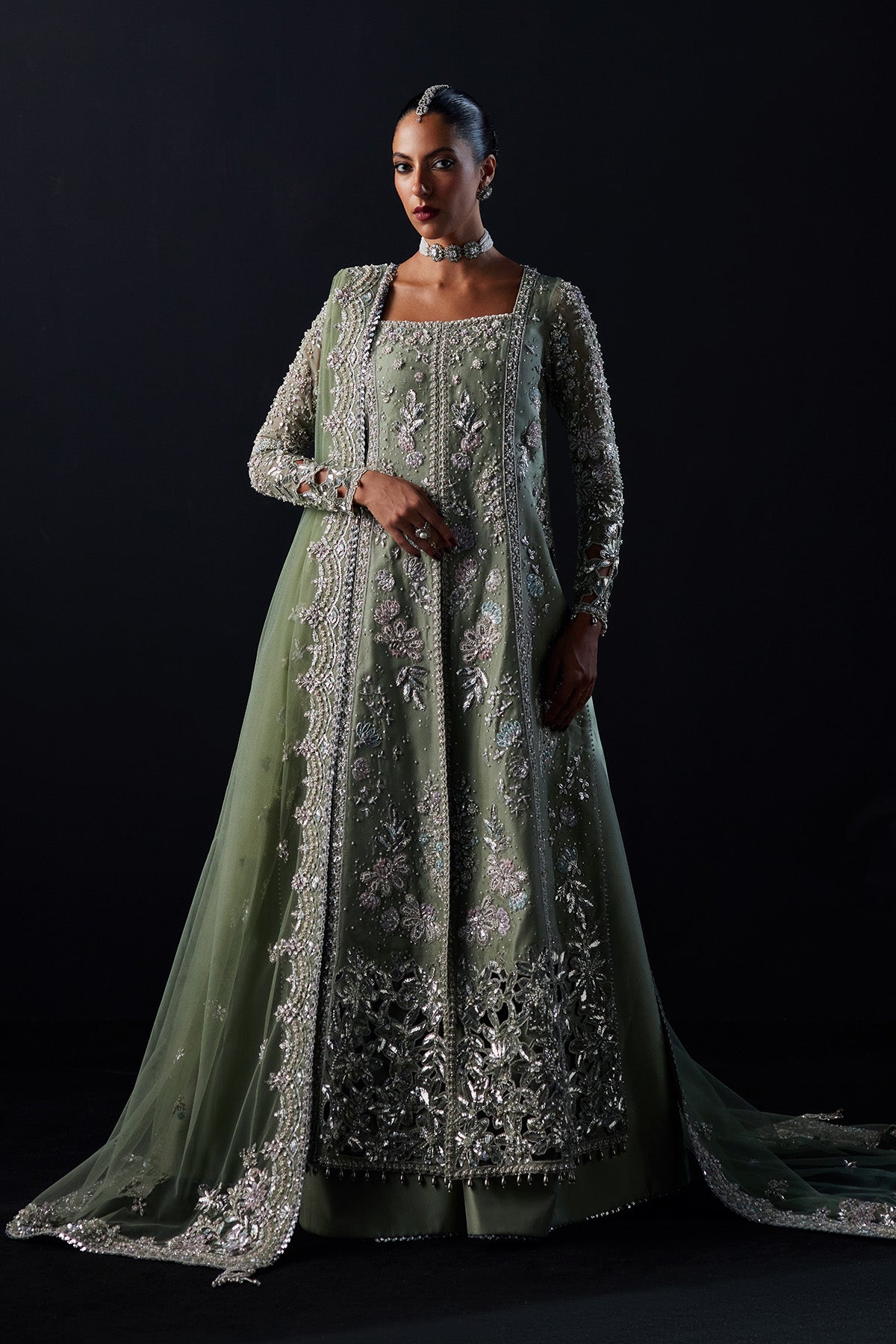 Saad Bin Shahzad Emira – sage green mukesh and zardozi front-open gown from Chandni Bridal'26