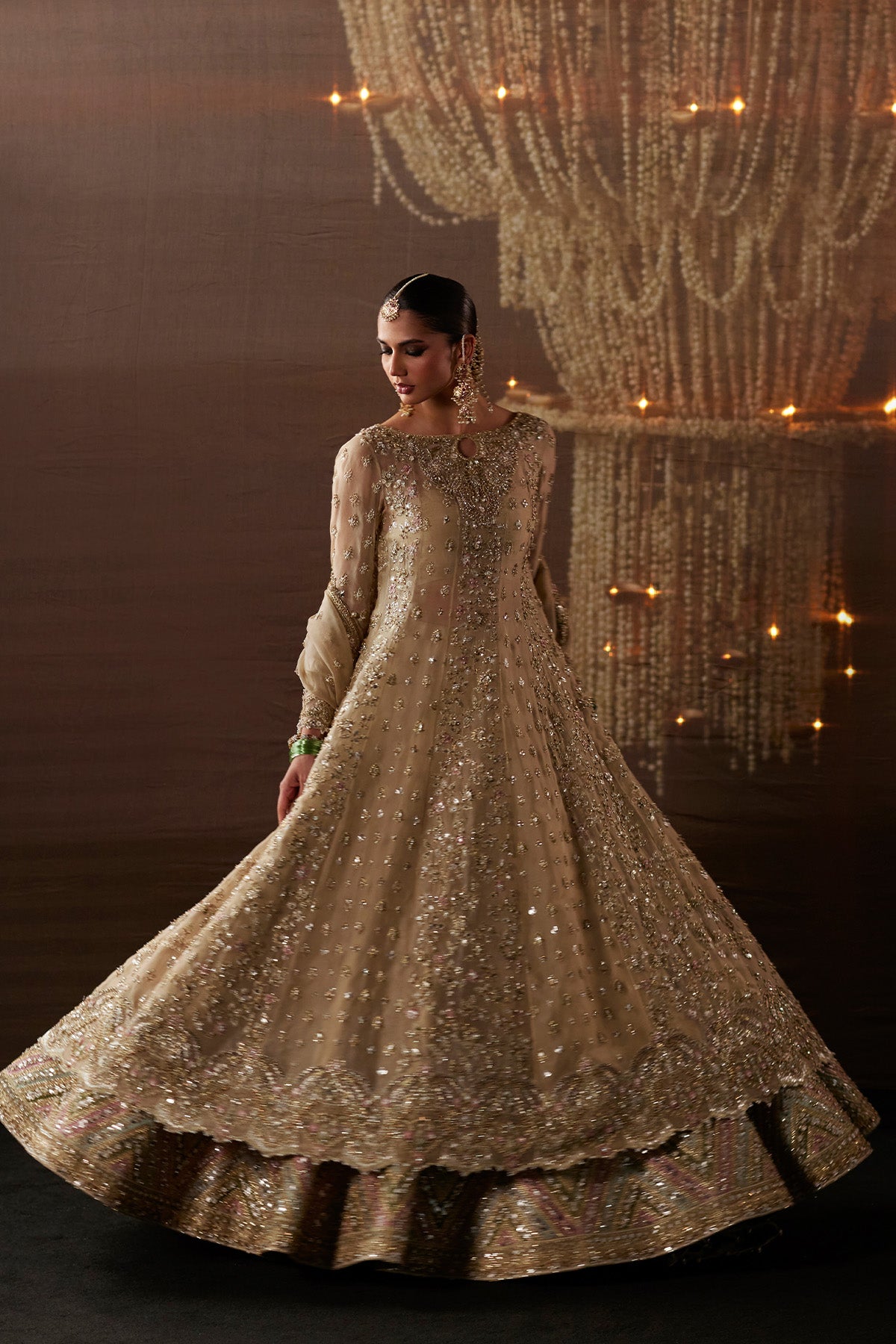 Saad Bin Shahzad Arwa – beige zardozi kalidar pishwas with lehenga from Chandni Bridal'26 – view 2
