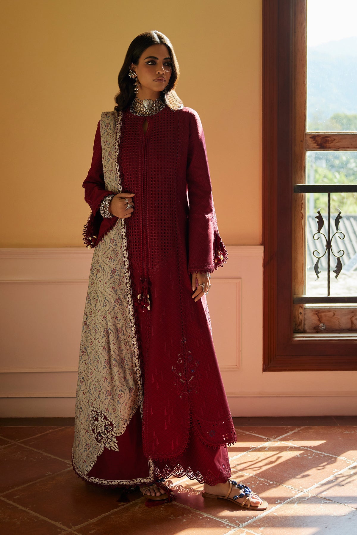 Saad Bin Shahzad Feeha – deep red cutwork lawn front-open kurta with printed silk dupatta from Summer Pret'26