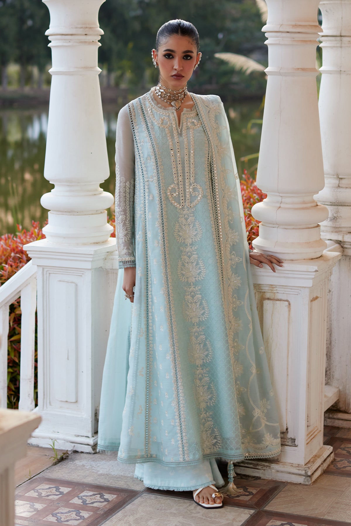 Saad Bin Shahzad Saher – sky blue embroidered paper lawn kalidaar with azaar pants from Summer Pret'26