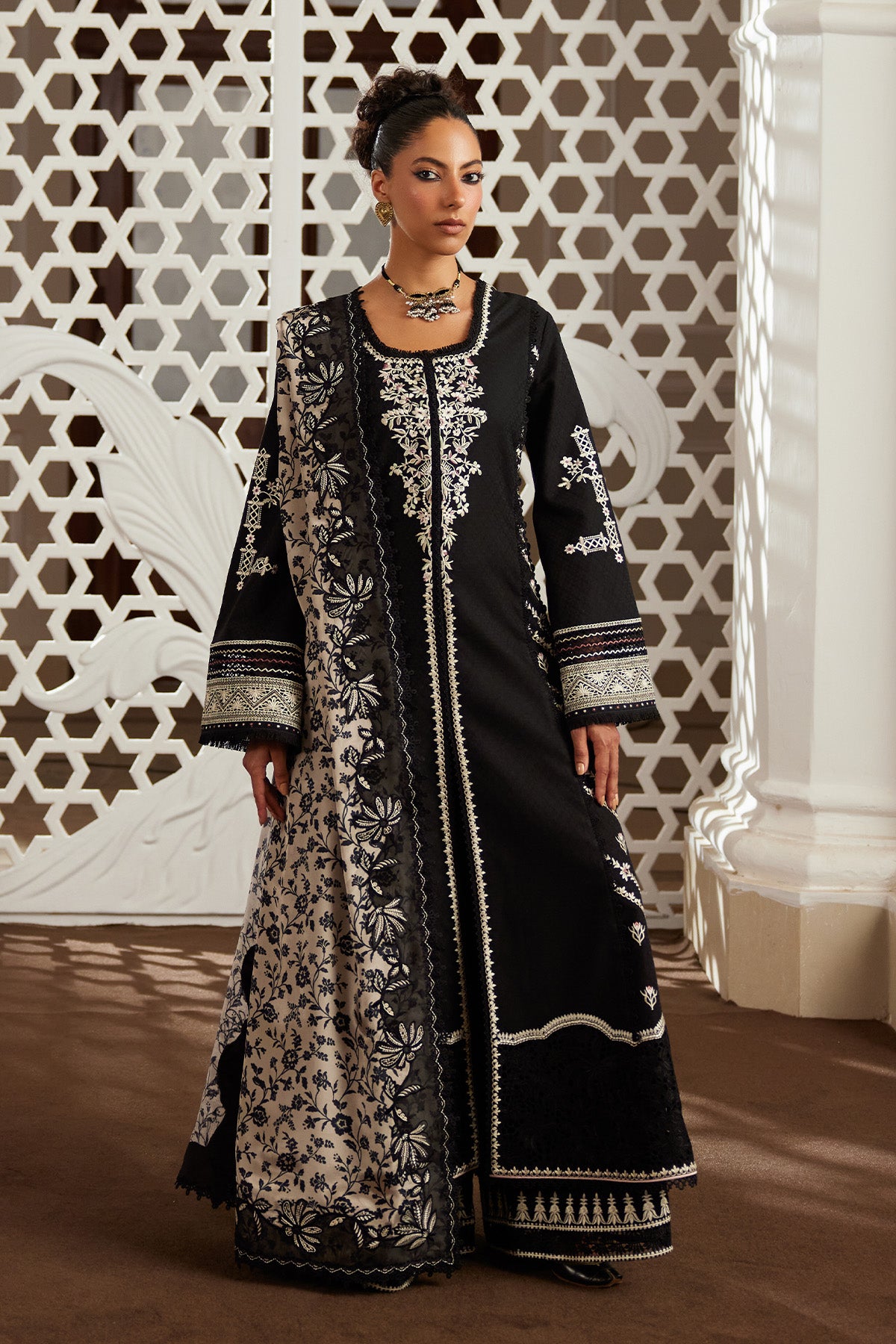 Saad Bin Shahzad Eshal – black embroidered jacquard lawn kalidar with culottes and printed silk dupatta from Depalpur
