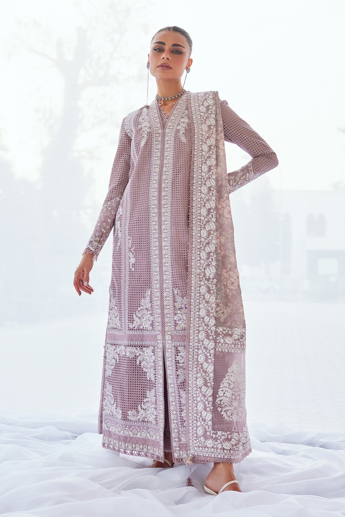 Saad Bin Shahzad Minha – lavender shifli embroidered lawn open shirt with culottes from Depalpur