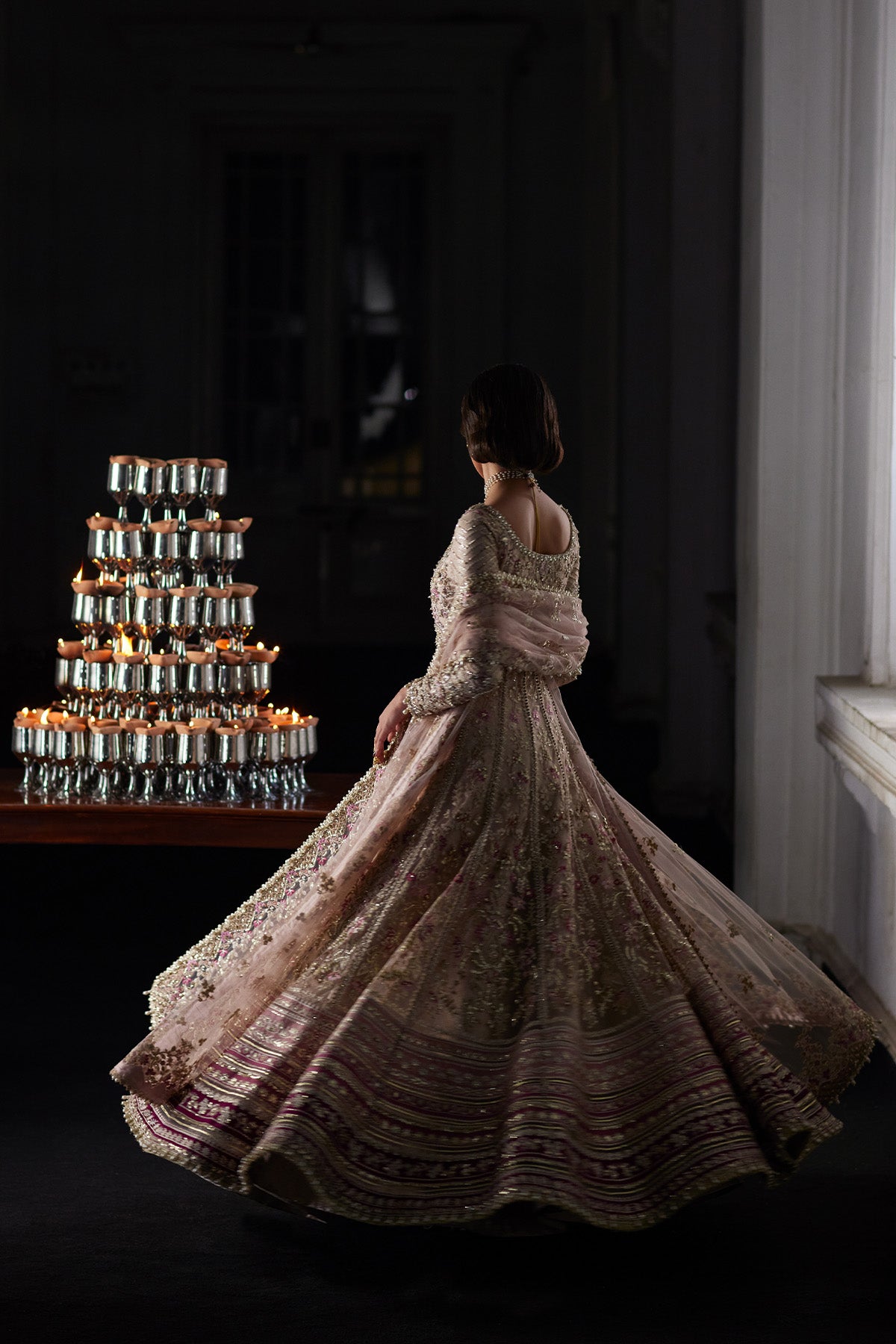 Saad Bin Shahzad Rina – nude pink embroidered net pishwas with jamawar lehenga from El Veneto Luxury Formals – view 2