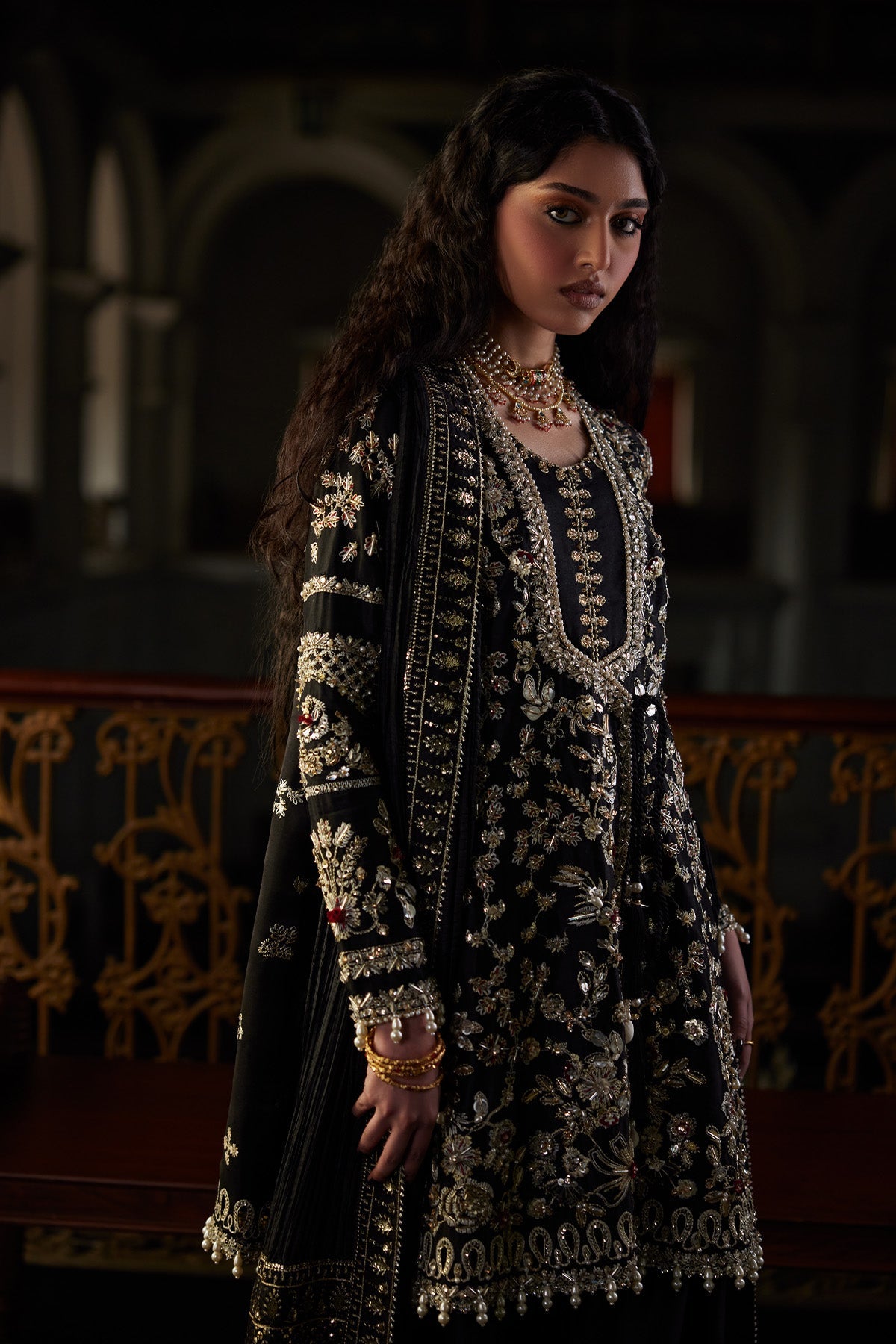 Saad Bin Shahzad Zivra – black zardozi short angrakha with shalwar and crushed dupatta from El Veneto Luxury Formals – view 2