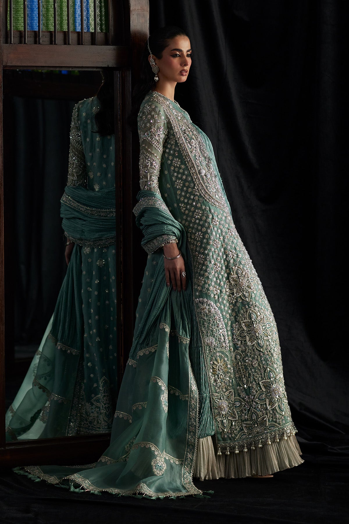 Saad Bin Shahzad Olyra – turquoise embroidered open gown over a crushed inner pishwas from El Veneto Luxury Formals