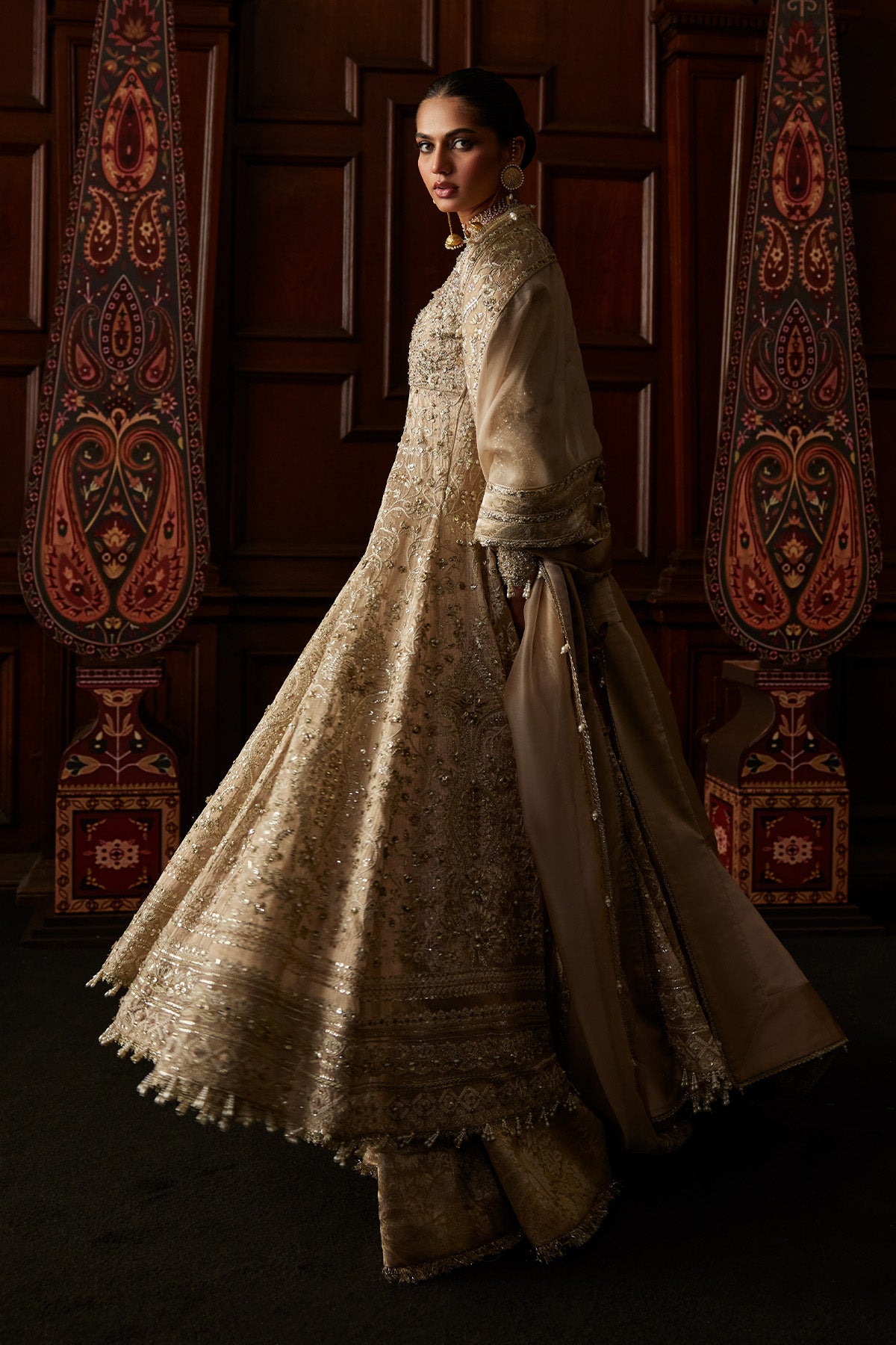 Saad Bin Shahzad Sira – champagne hand-embellished chanderi tissue pishwas with sharara from El Veneto Luxury Formals