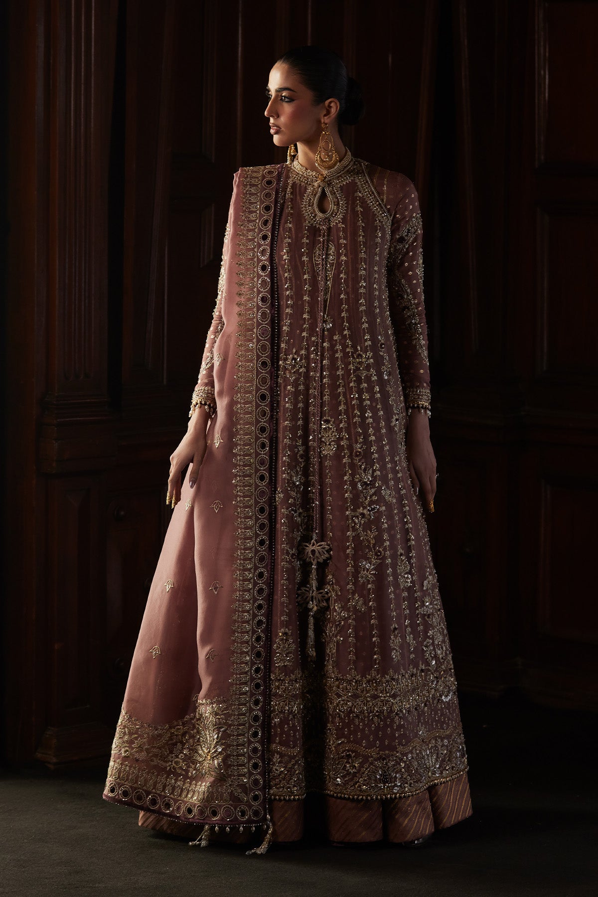 Saad Bin Shahzad Rosalie – rosewood hand-embellished organza kalidar with raw silk sharara from El Veneto Luxury Formals