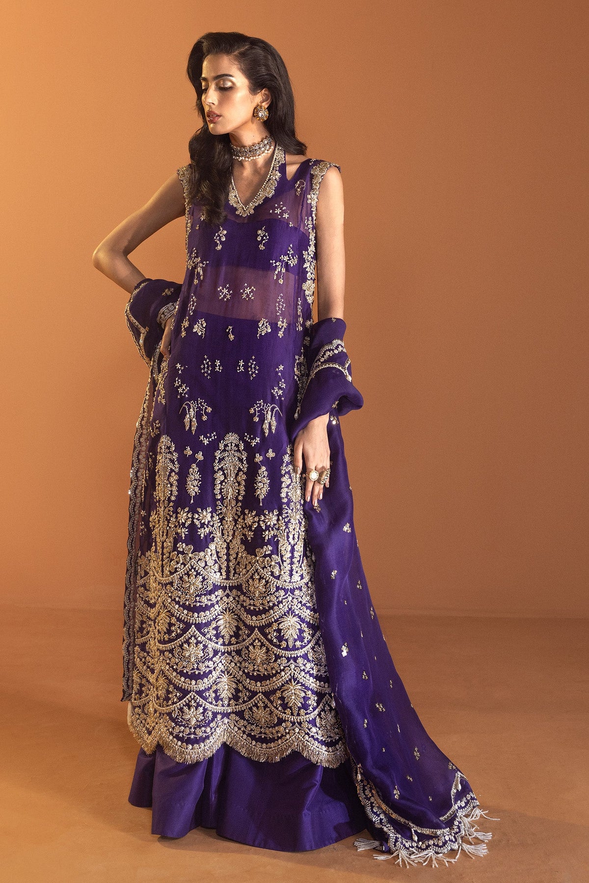 Saad Bin Shahzad Elare – royal purple embroidered long shirt with sharara from Lolita'24 – view 2