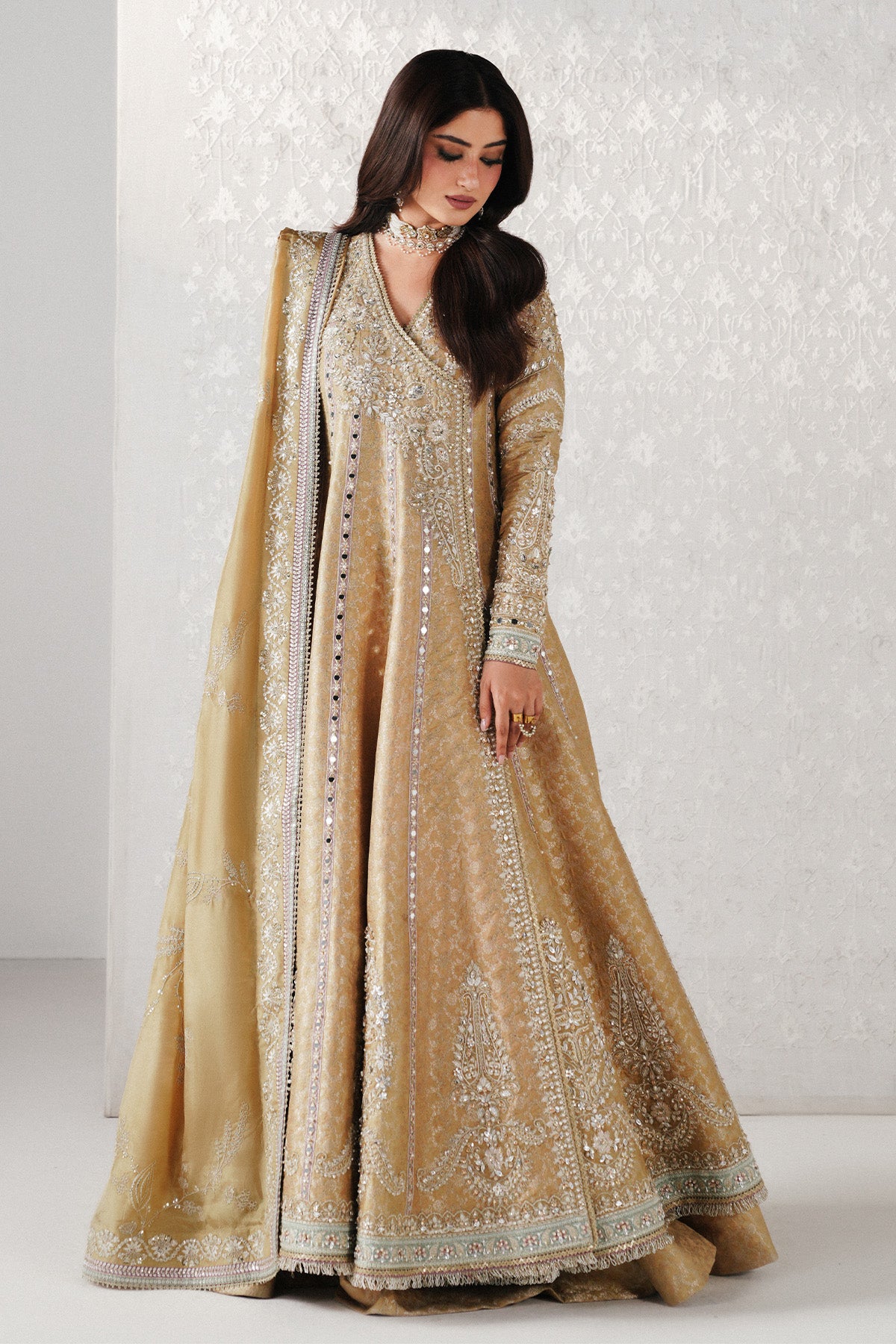 Saad Bin Shahzad Ayam – champagne gold jamawar angrakha with sharara from Festive Pret'26